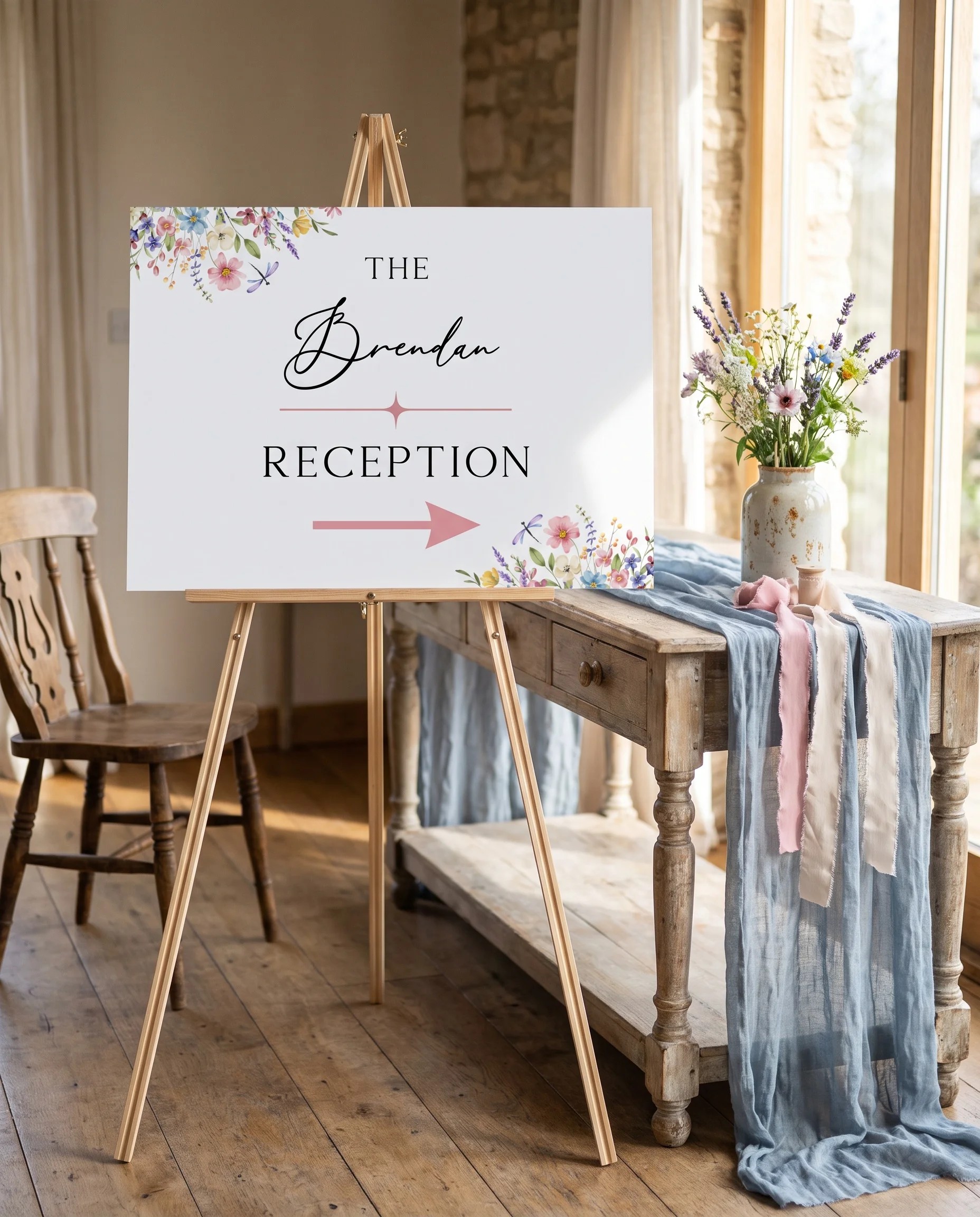 Meadowlark wedding reception sign — shown beside furniture for scale under soft natural light, premium editorial wedding signage.