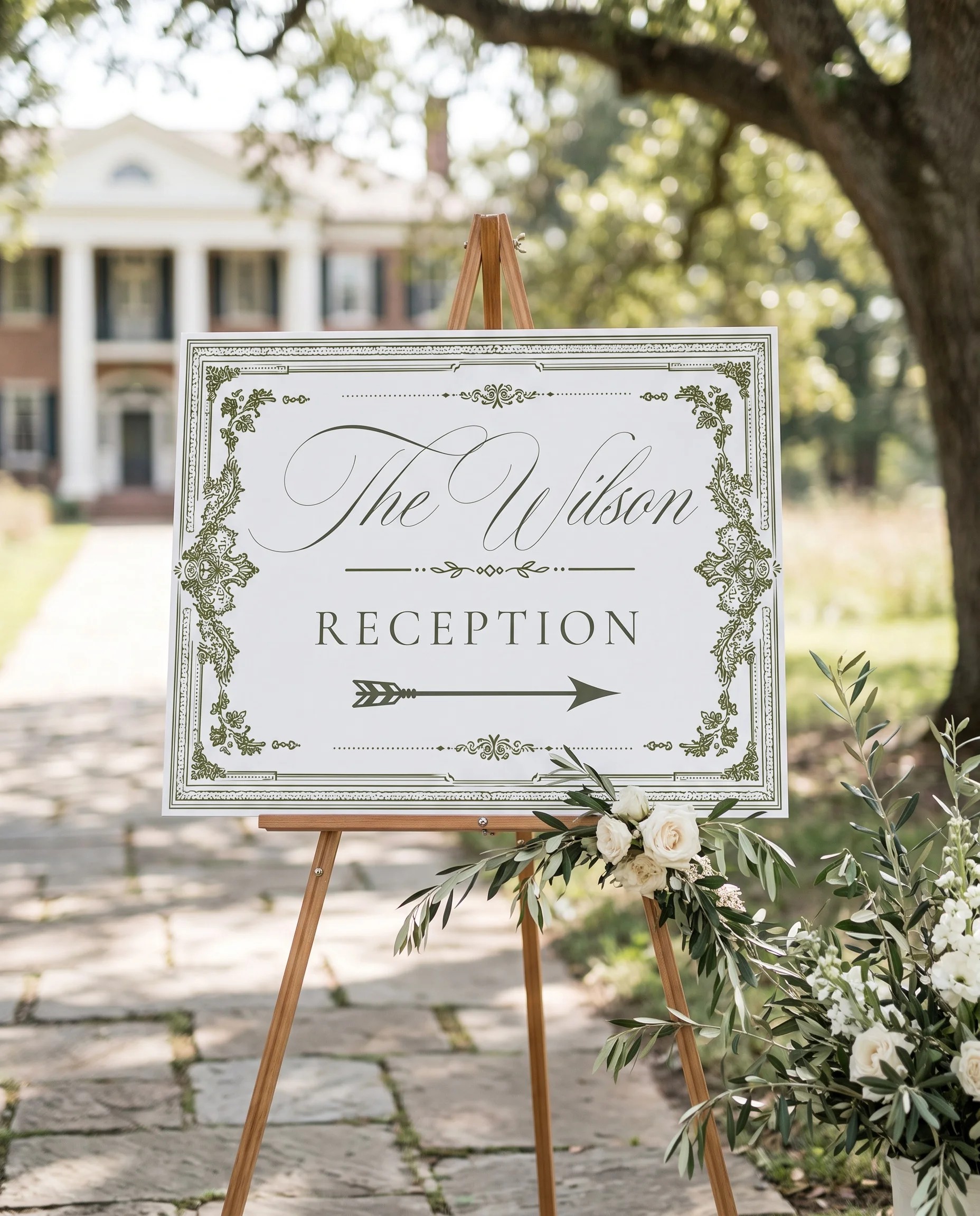 Verdant Filigree wedding reception sign — displayed near a reception entrance under soft natural light, premium editorial wedding signs.