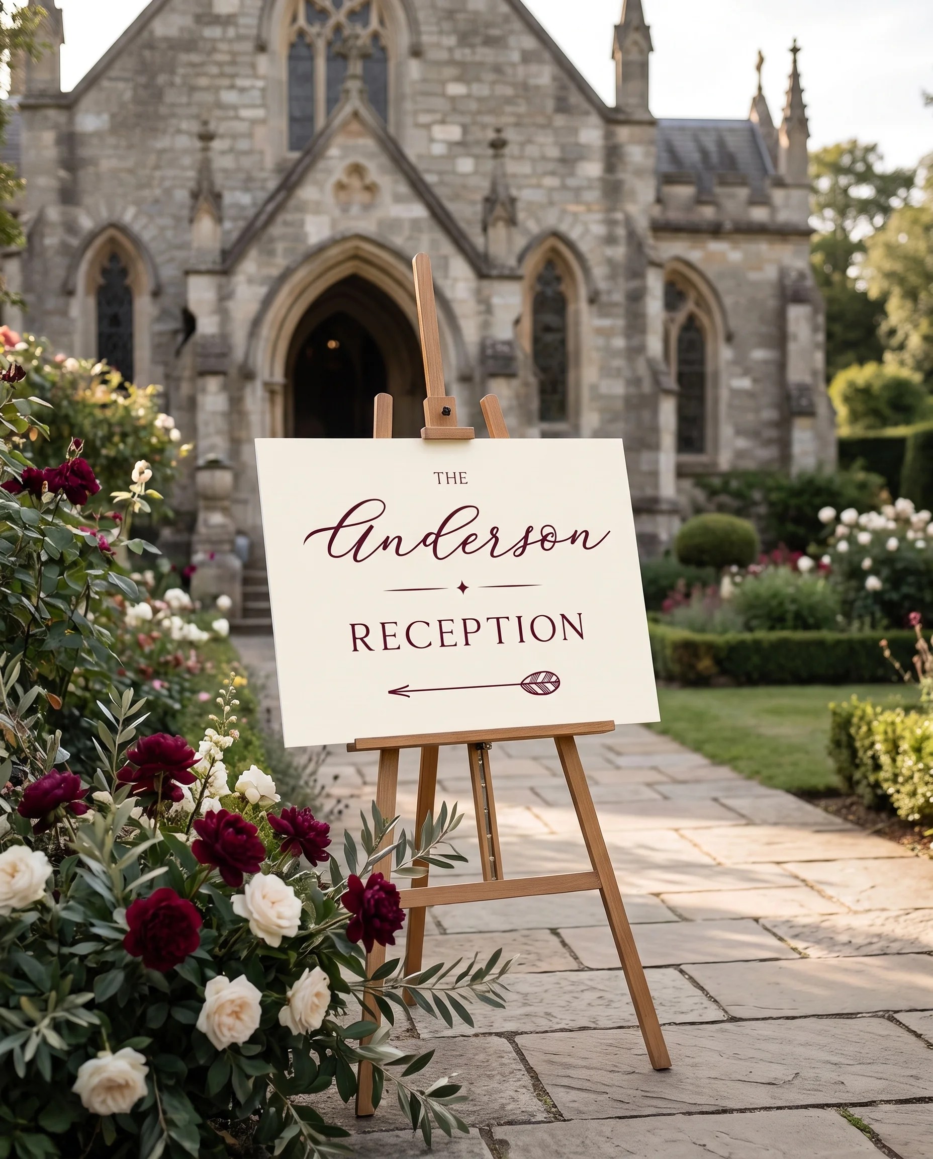 Claret Vine wedding reception sign — displayed at a reception entrance under soft natural light, premium editorial wedding signs.