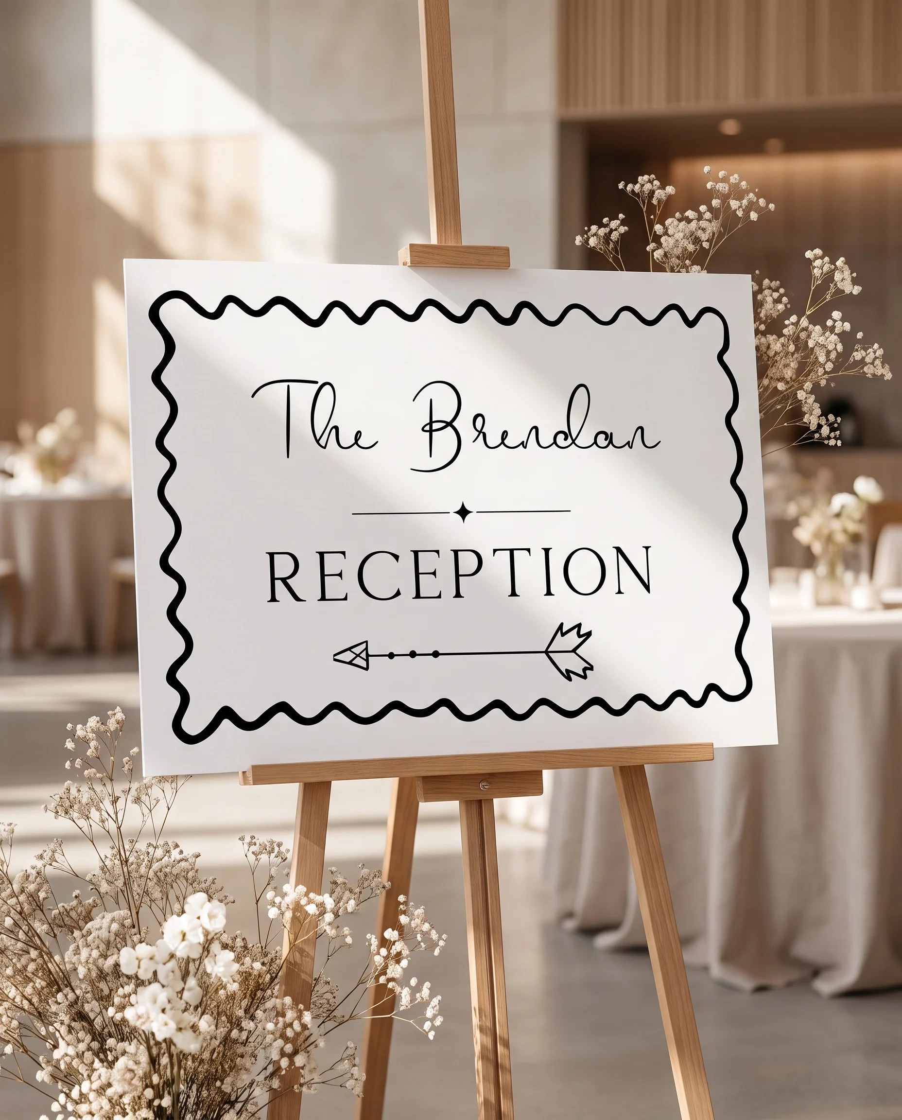 Sketchbook Bow wedding reception sign — displayed at a reception entrance under soft natural light with a slight overhead angle, wedding signs.