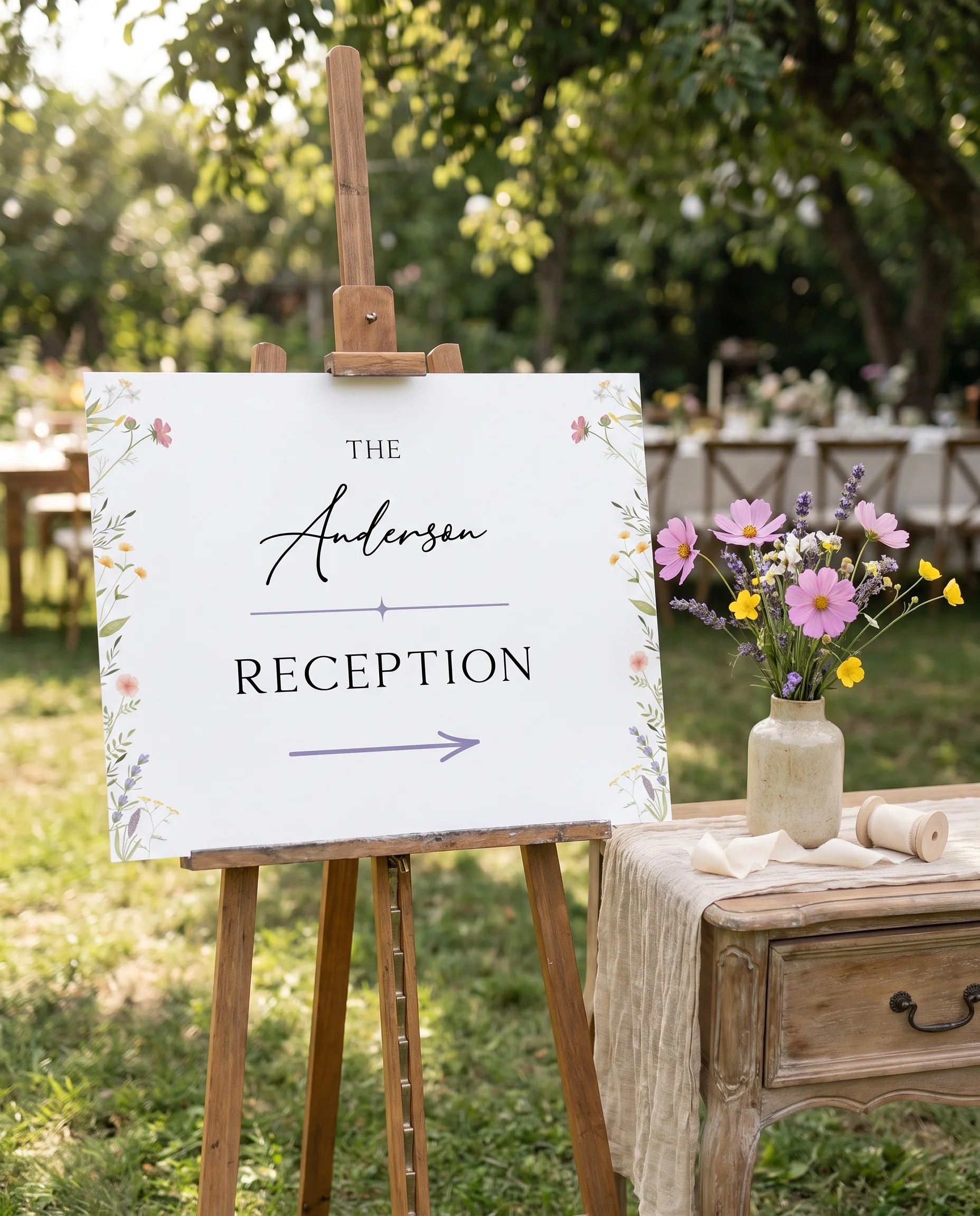 Floret Veil wedding reception sign — shown beside furniture for scale under soft natural light, premium editorial wedding signage.