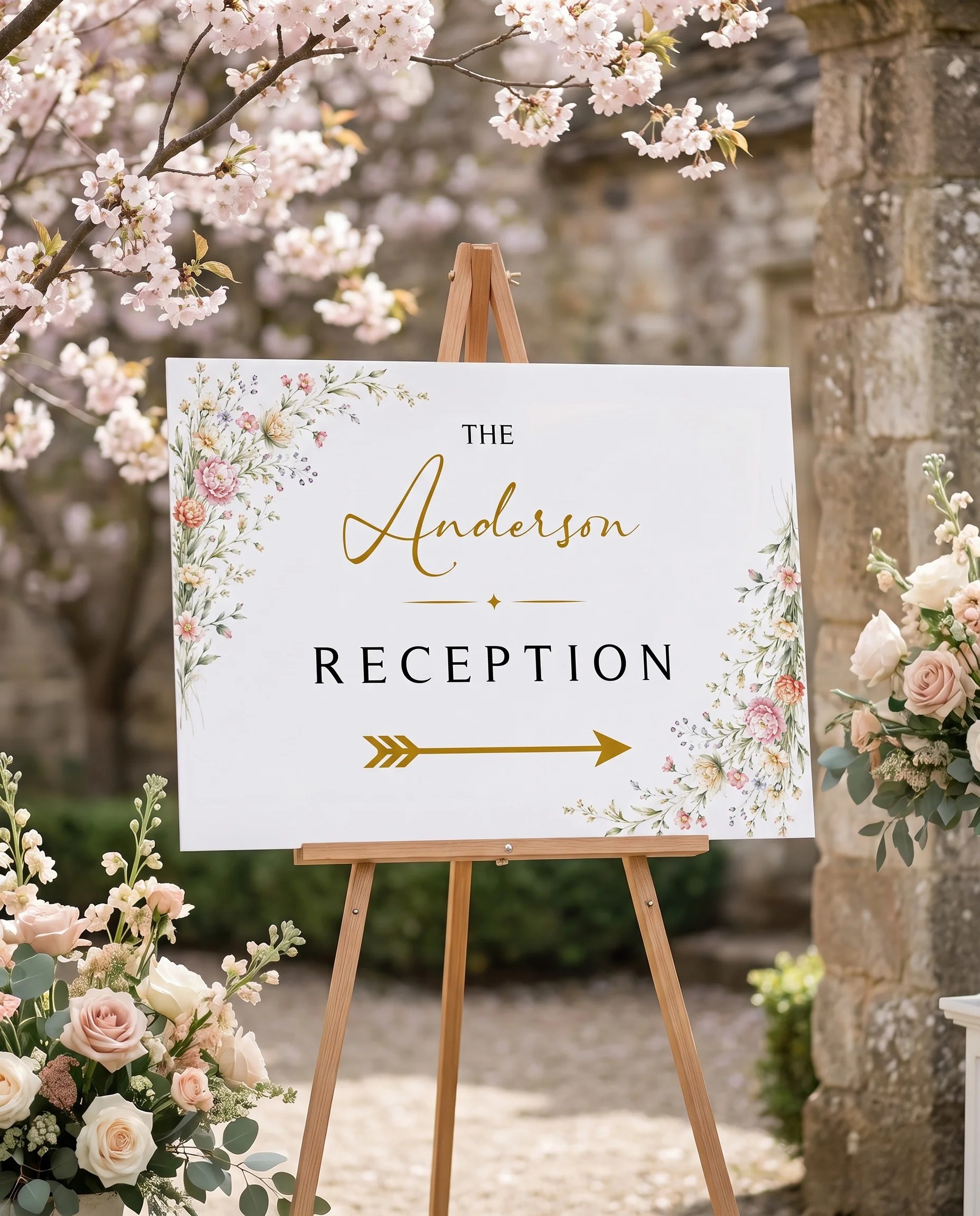 Petal Arbor wedding reception sign — displayed at a reception entrance under soft natural light with a slight overhead angle, wedding signs
