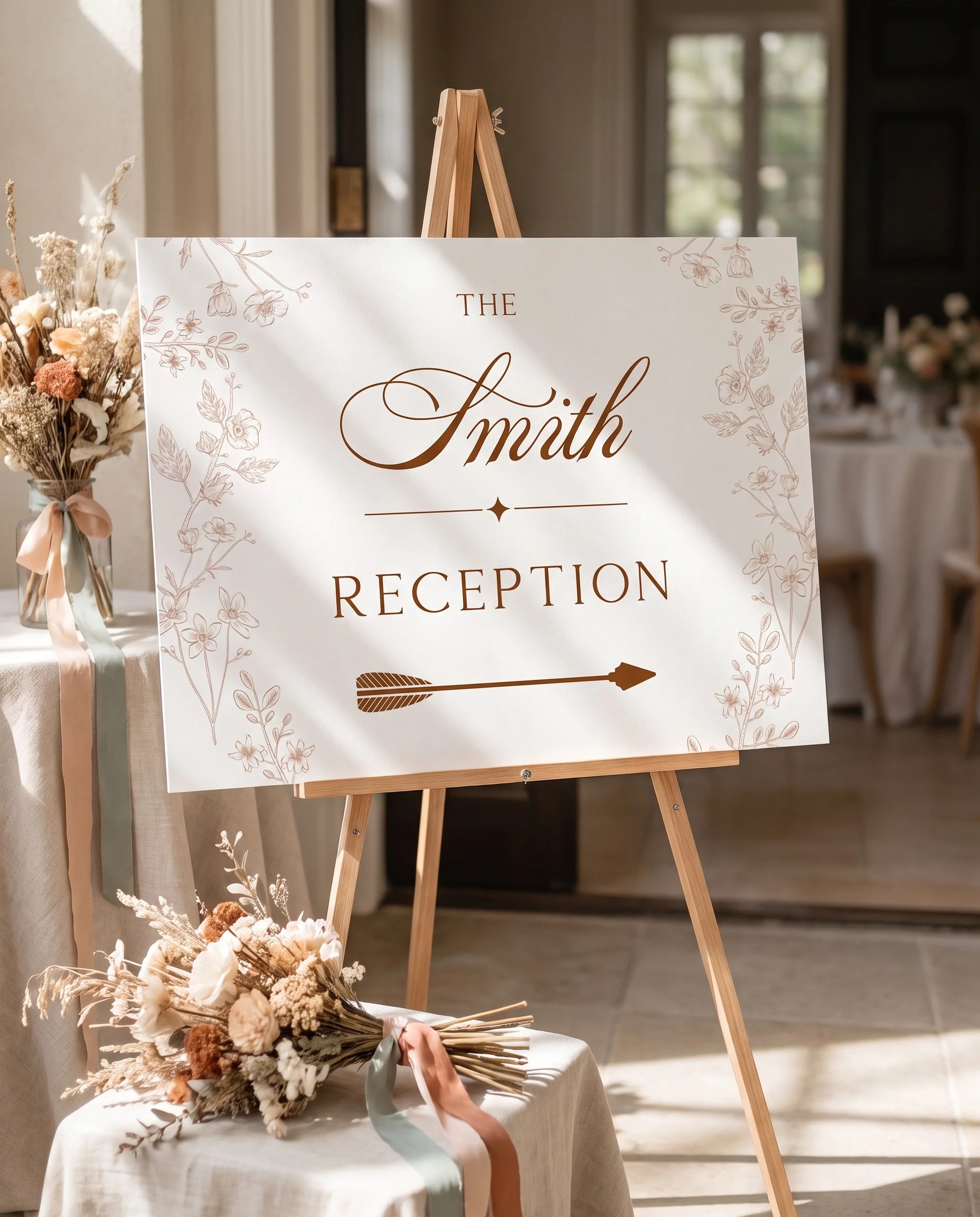 Petalcrest wedding reception sign — displayed at a reception entrance under soft natural light with a slight overhead angle, wedding signs