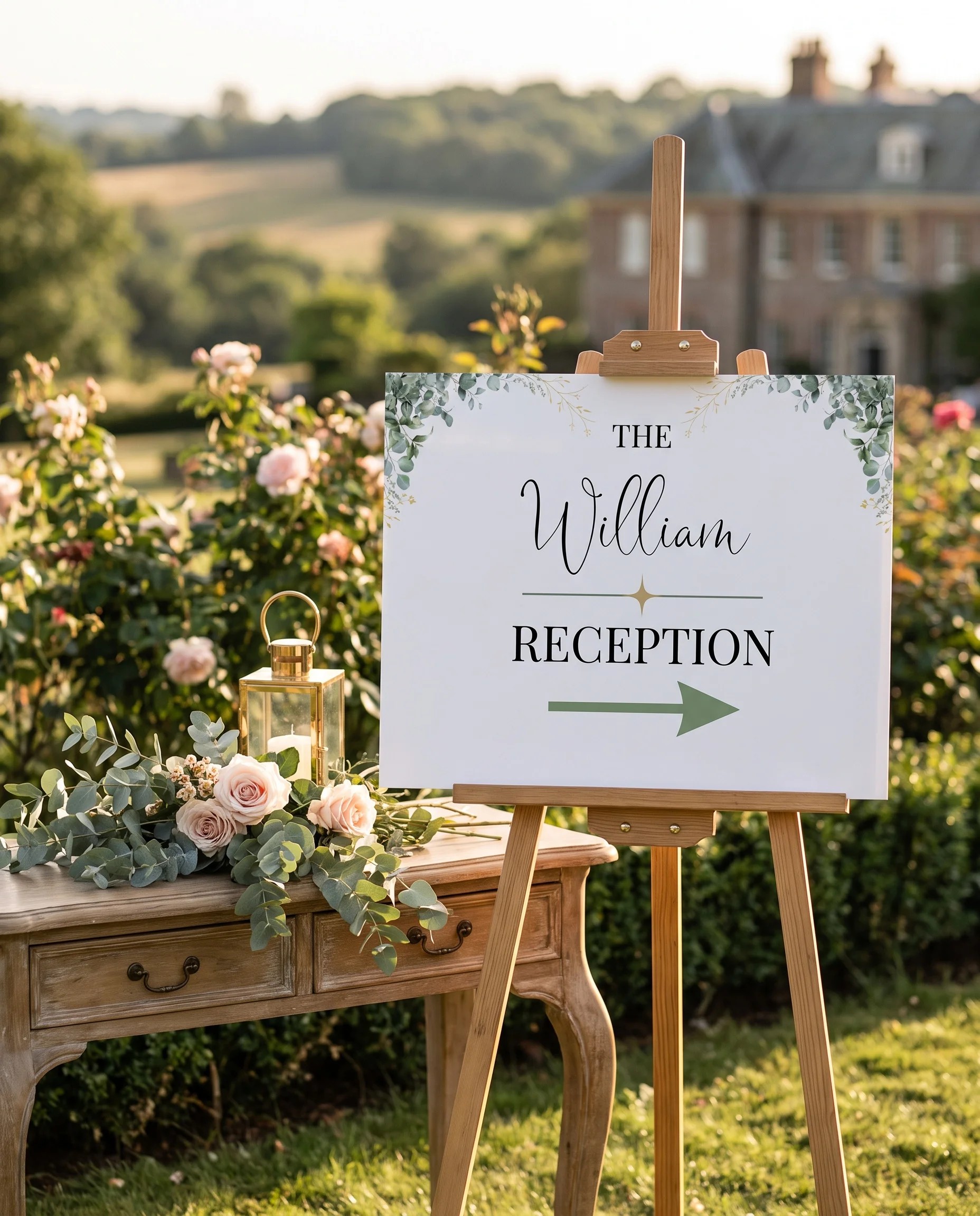 Eucalyptus Gold wedding reception sign — shown beside furniture for scale under soft natural overhead light, wedding signage.