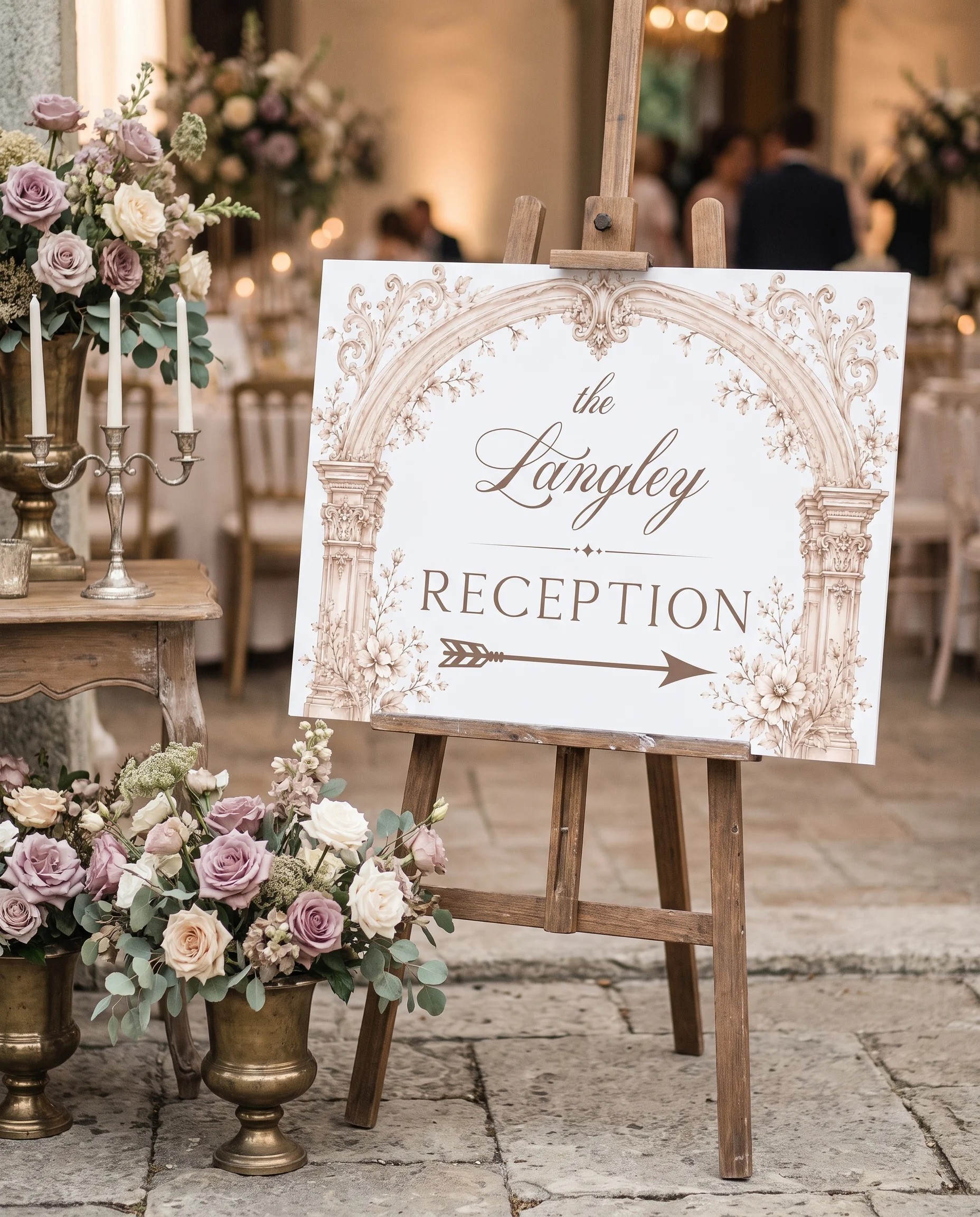 Hinge Script wedding reception sign — displayed at a reception entrance under soft natural light, premium editorial wedding signs