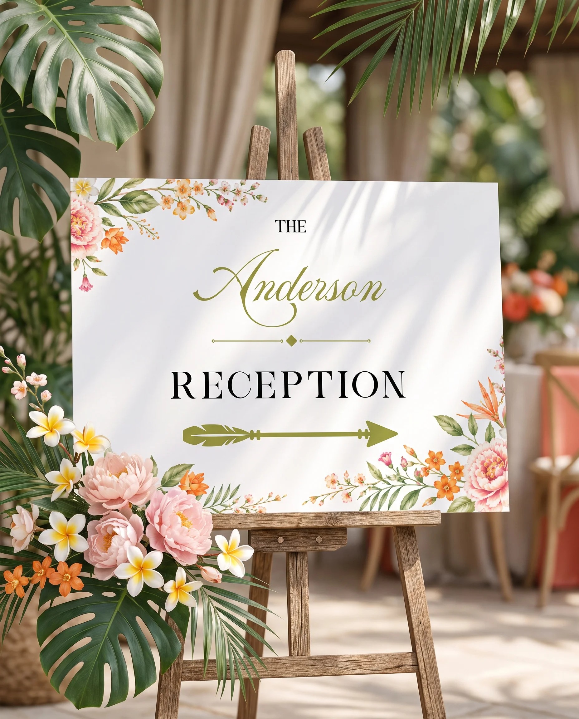 Plumeria Peony wedding reception sign — displayed at a reception entrance under soft natural light with a slight overhead angle, wedding signs.