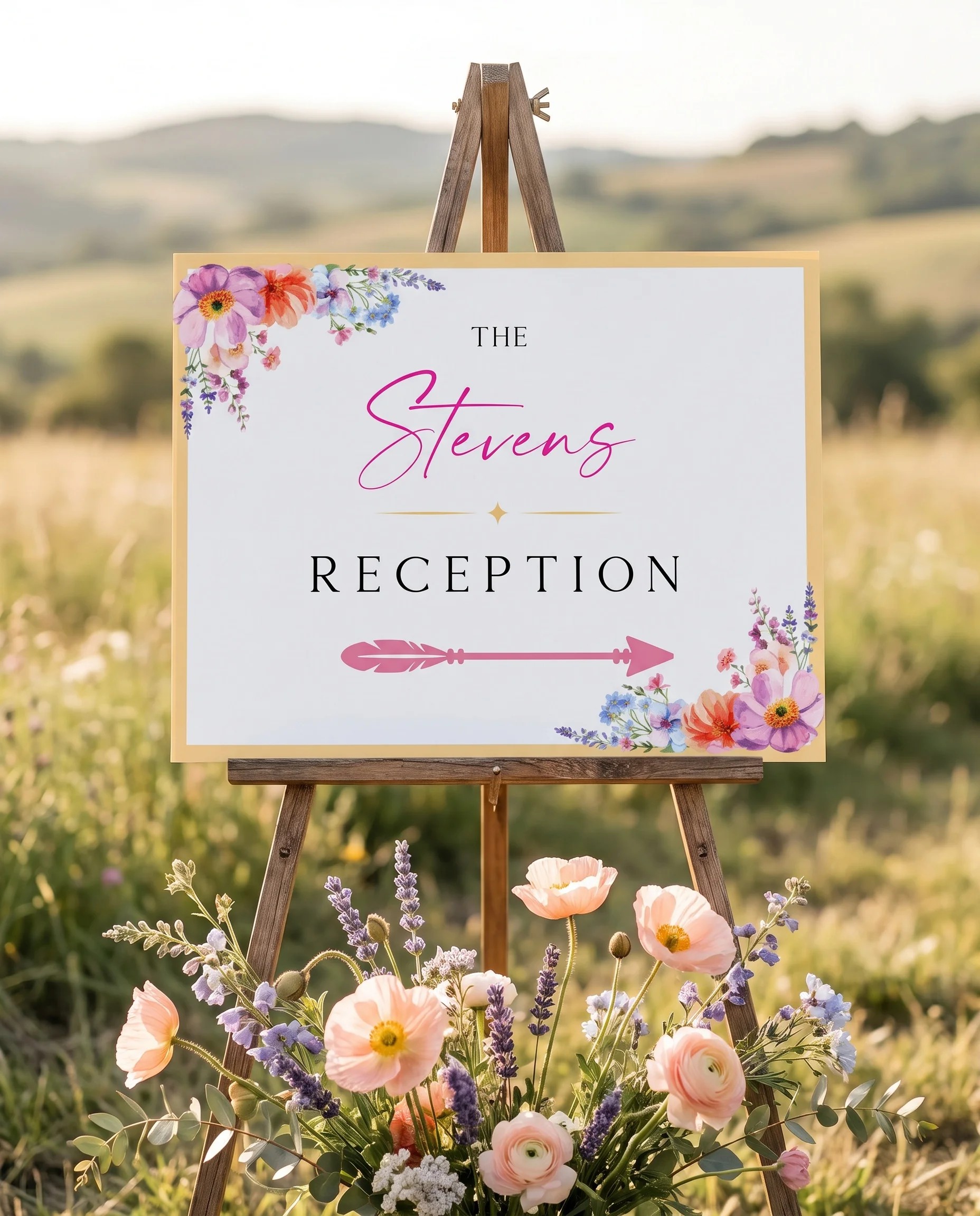Wildmeadow Bouquet wedding reception sign — shown at a reception entrance under soft natural light, premium editorial paper, wedding signs.