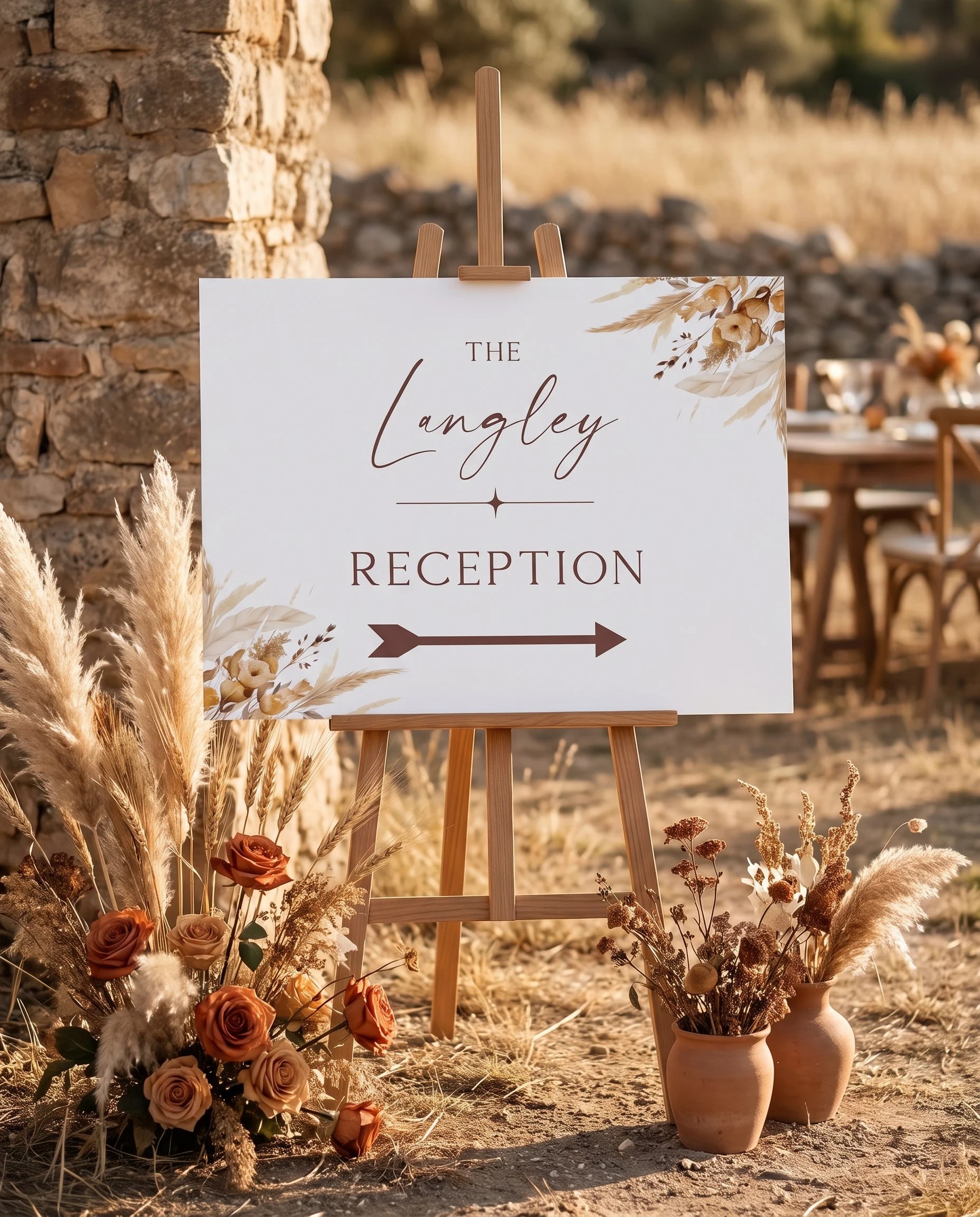 Harvest Script wedding reception sign — displayed at a reception entrance under soft natural light, elegant wedding signs.