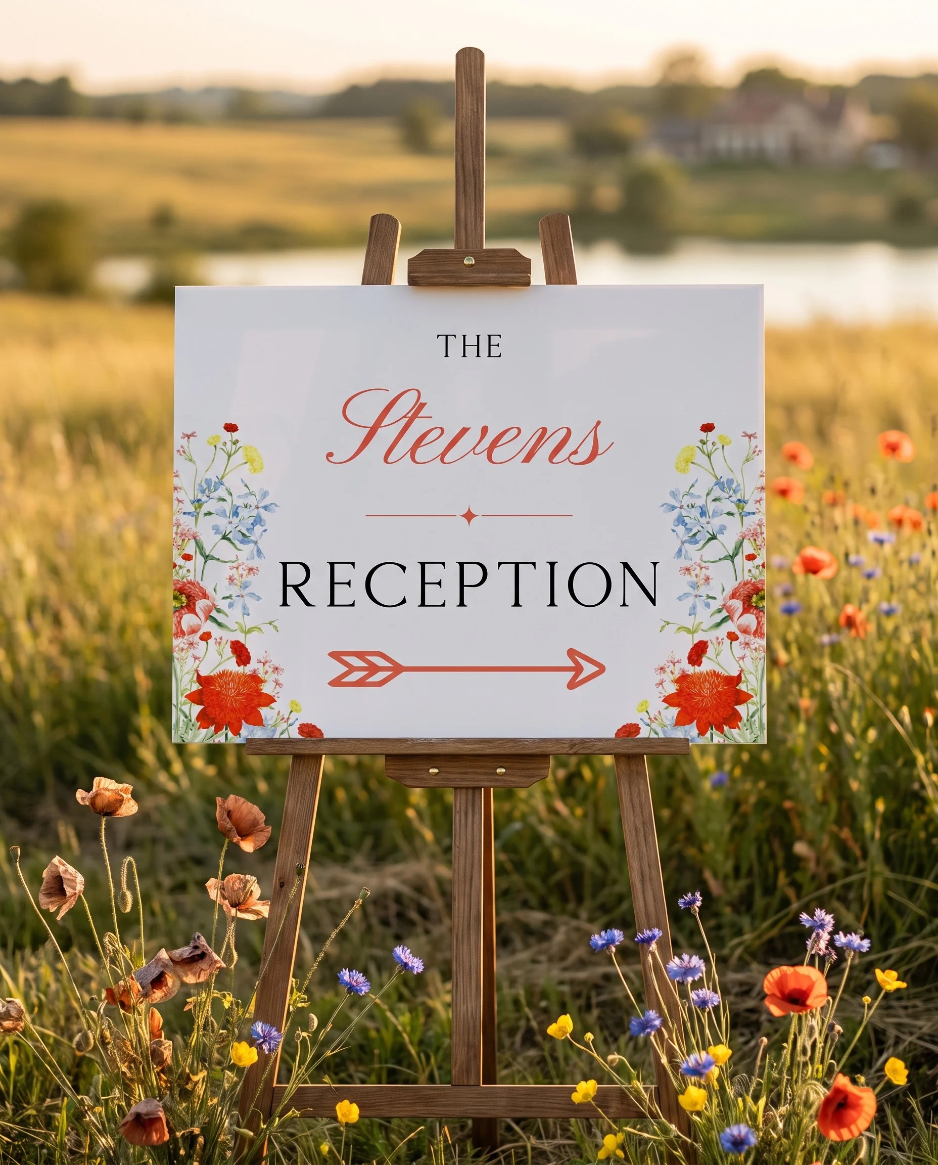 Poppy Meridian wedding reception sign — displayed at a reception entrance under soft natural light, premium editorial paper, wedding signs.