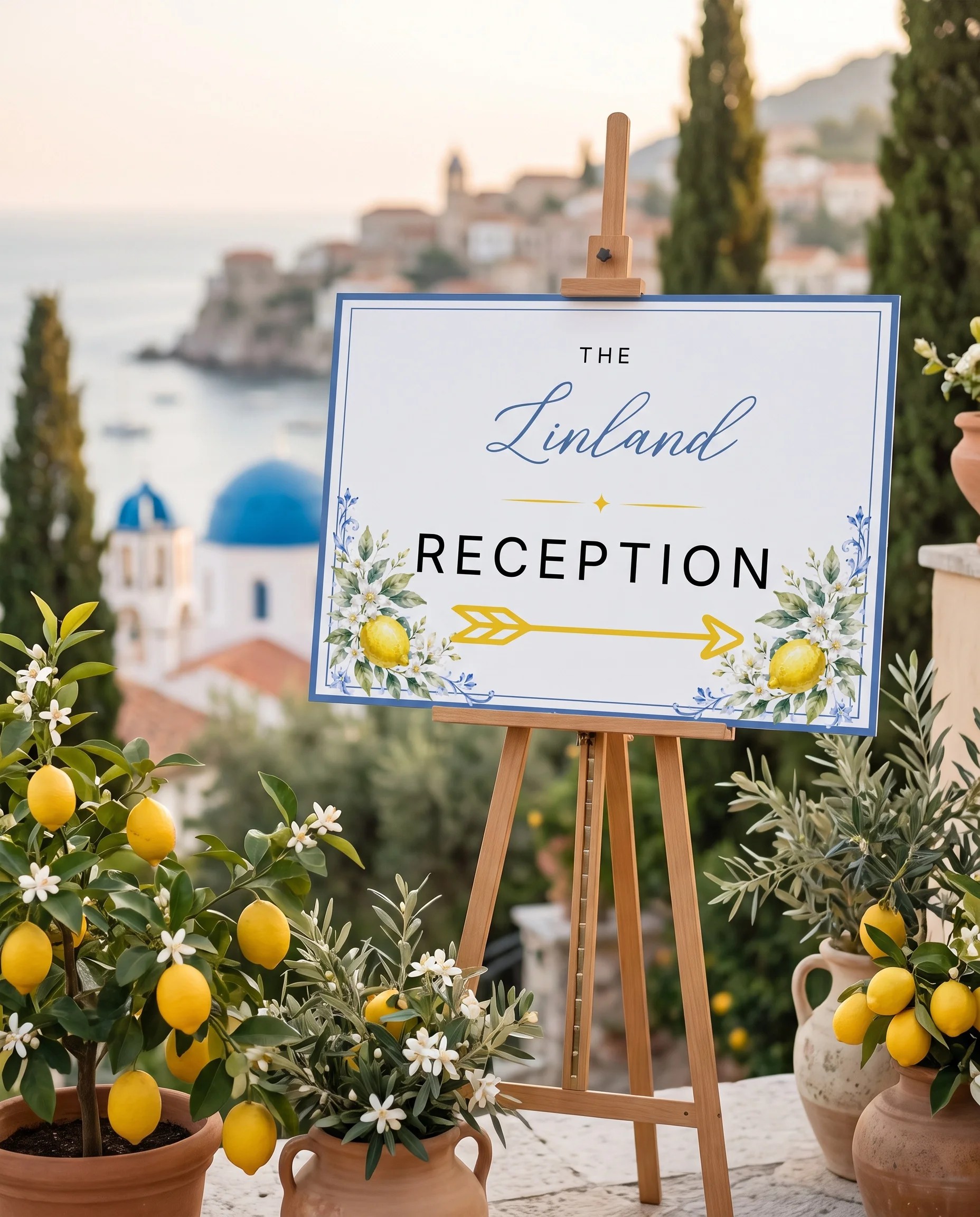 Amalfi Grove wedding reception sign — displayed at a reception entrance under soft natural light, premium editorial style, wedding signs