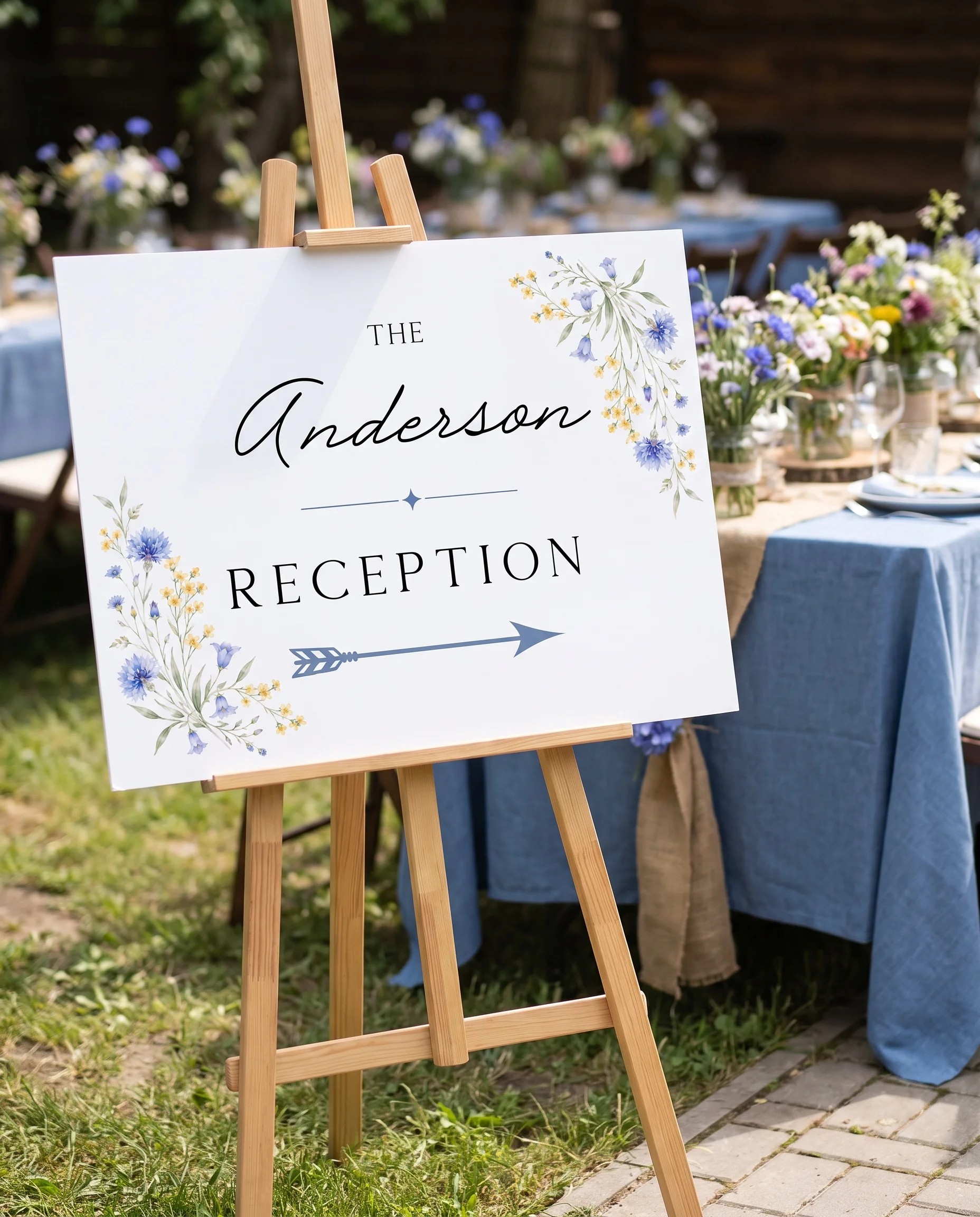 Cornflower wedding reception sign — displayed at a reception entrance under soft natural light with a slight overhead angle, wedding signs