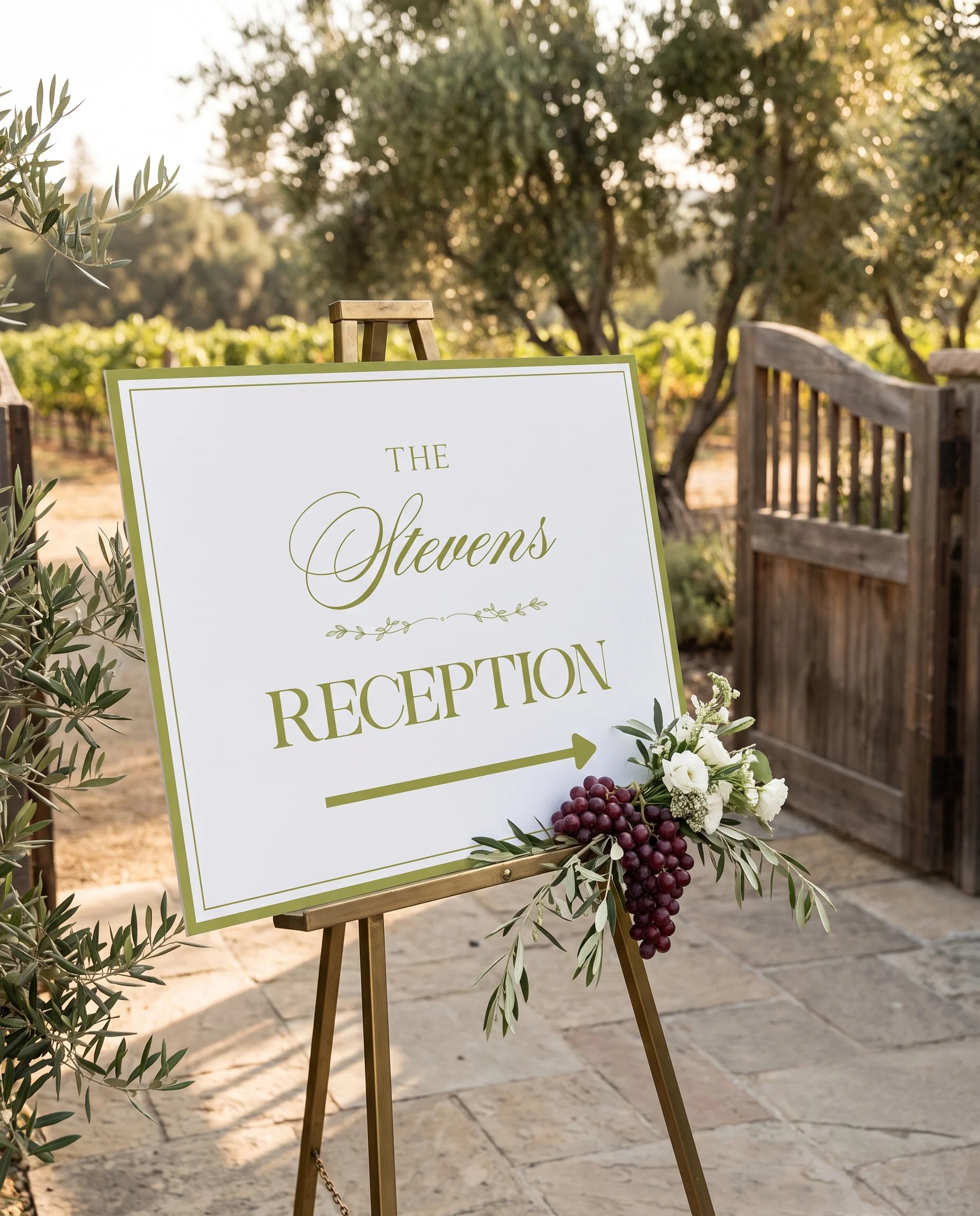 Olive Baroque wedding reception sign — displayed at a reception entrance under soft natural light, premium editorial wedding signs.
