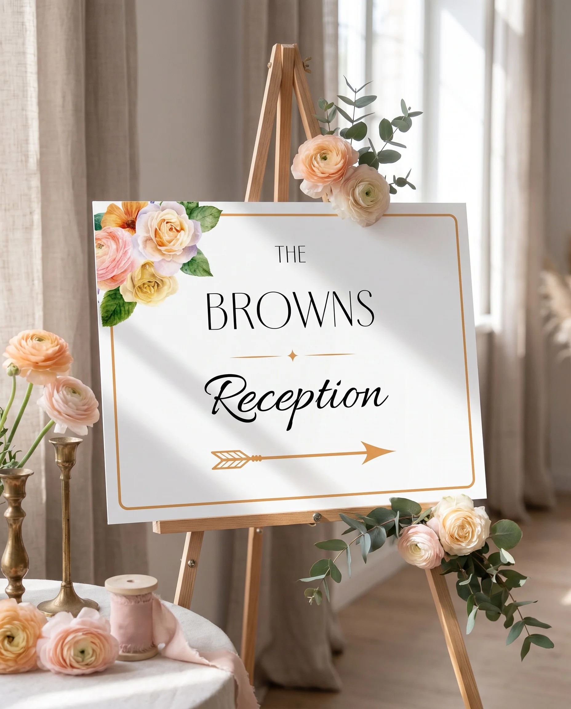 Petal Glade wedding reception sign — displayed at a reception entrance under soft natural light with a slight overhead angle, wedding signs