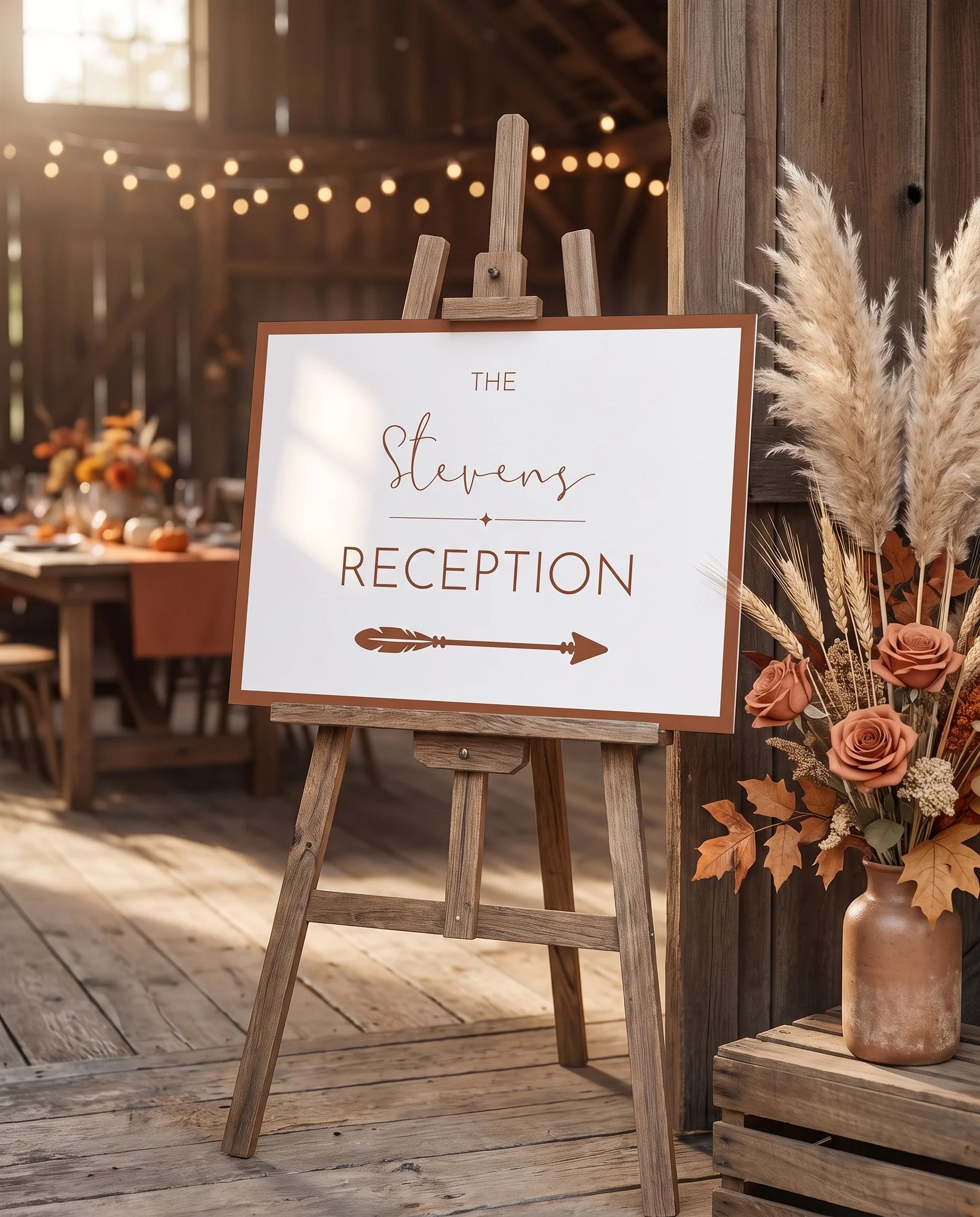 Stevens wedding reception sign — displayed at a reception entrance under soft natural light, premium editorial wedding signs.
