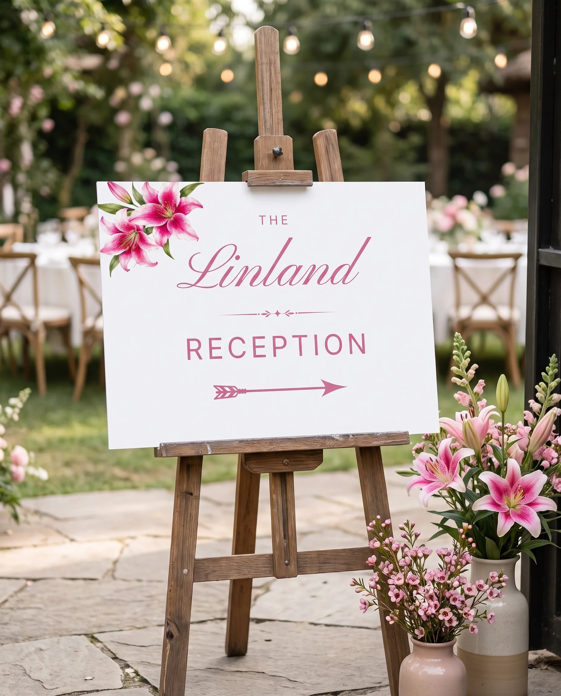 Lily Bloom wedding reception sign — displayed at a reception entrance under soft natural light with a slight overhead angle, wedding signs