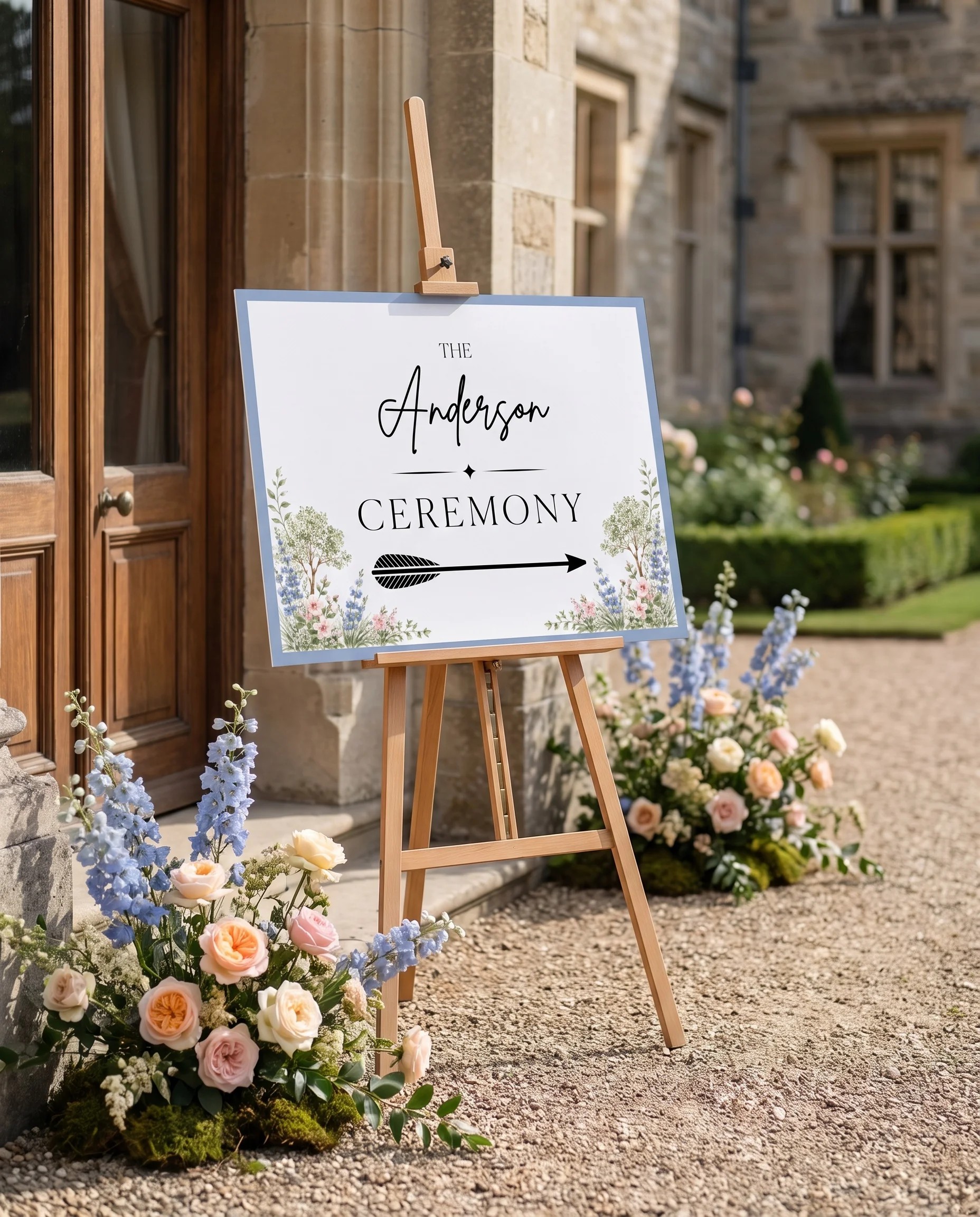 Meadow Spire wedding reception sign — displayed at a reception entrance under soft natural light, premium editorial paper, wedding signs.