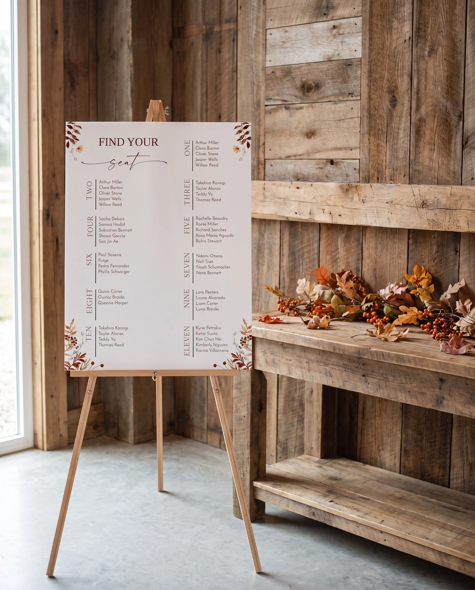 Autumn Bower wedding seating chart — single page shown beside furniture for scale under soft natural light, wedding seating chart template