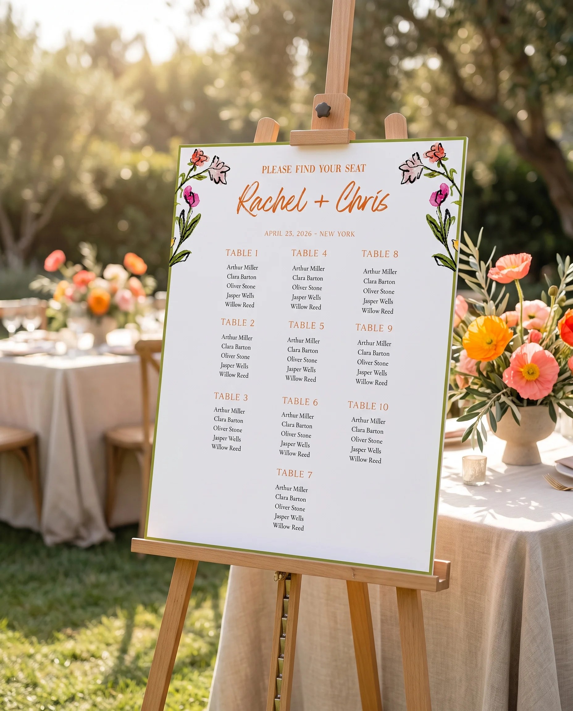 Poppy Court wedding seating chart — single page displayed at a reception entrance under soft natural light, seating chart template