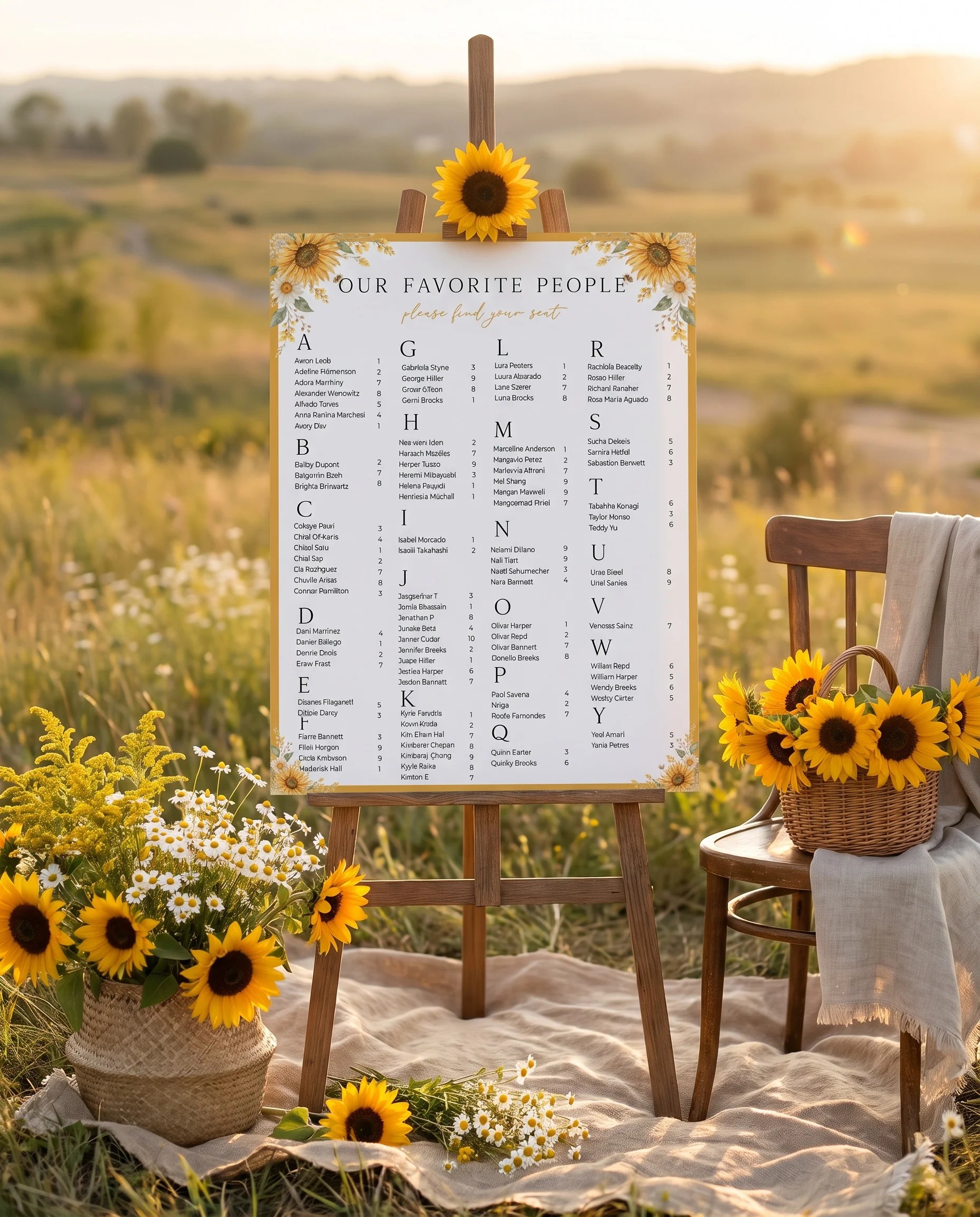 Honeyfield wedding seating chart — single page shown beside furniture for scale under soft natural light, wedding seating chart template
