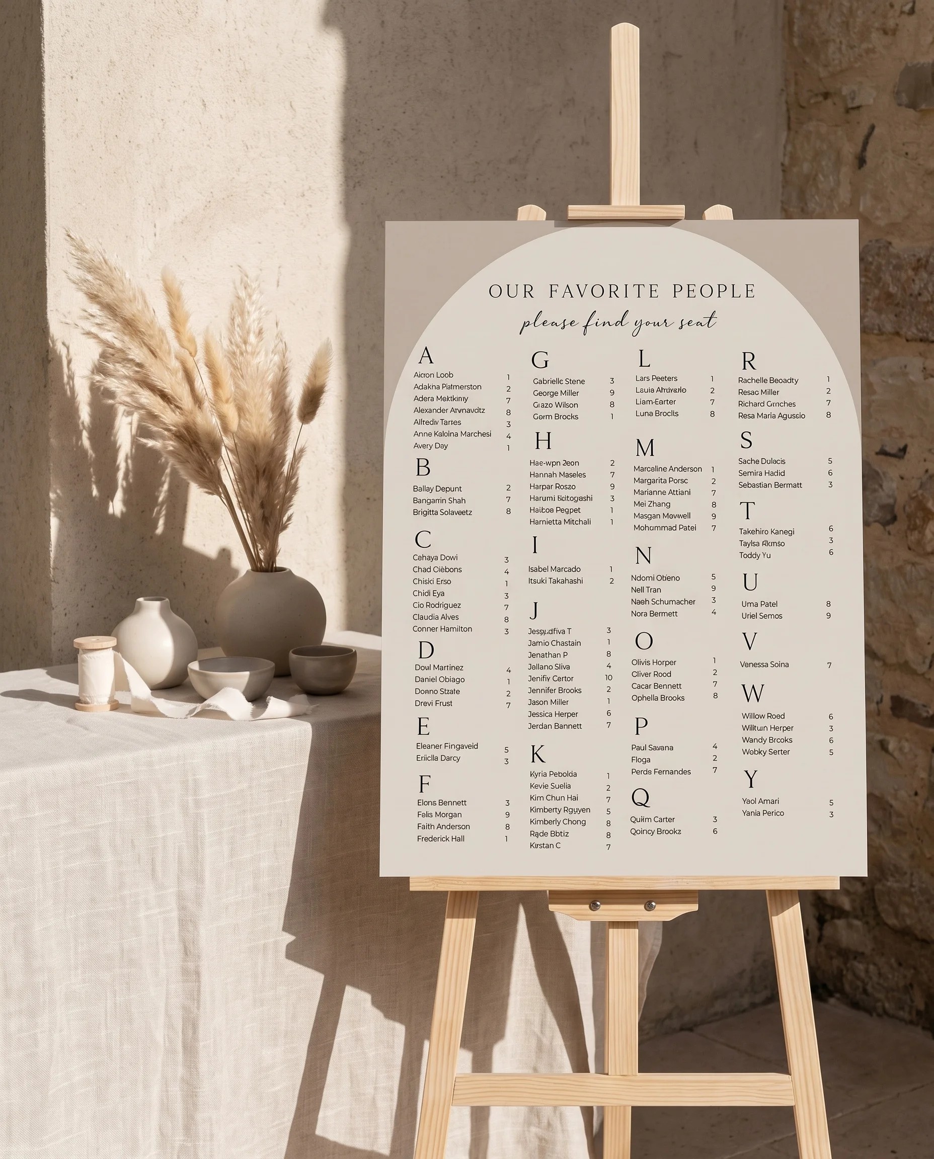 Tassel Arc wedding seating chart — shown beside furniture for scale under soft natural light, wedding seating chart template.