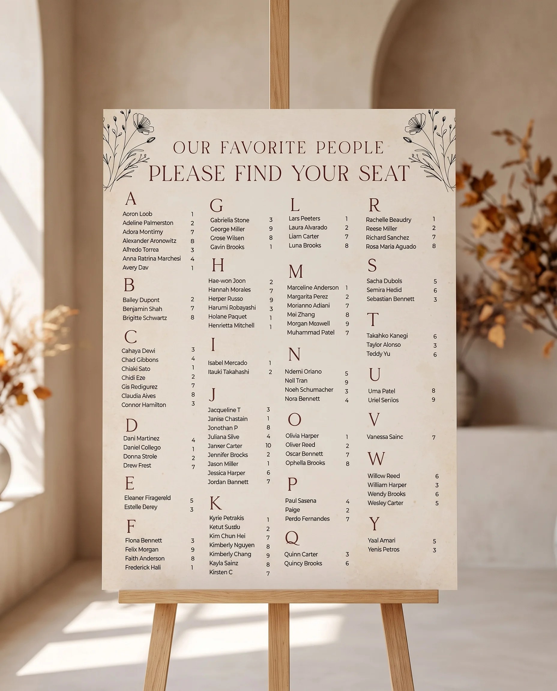 Heritage Bloom wedding seating chart — single page displayed on an easel under soft natural light, premium editorial wedding seating chart
