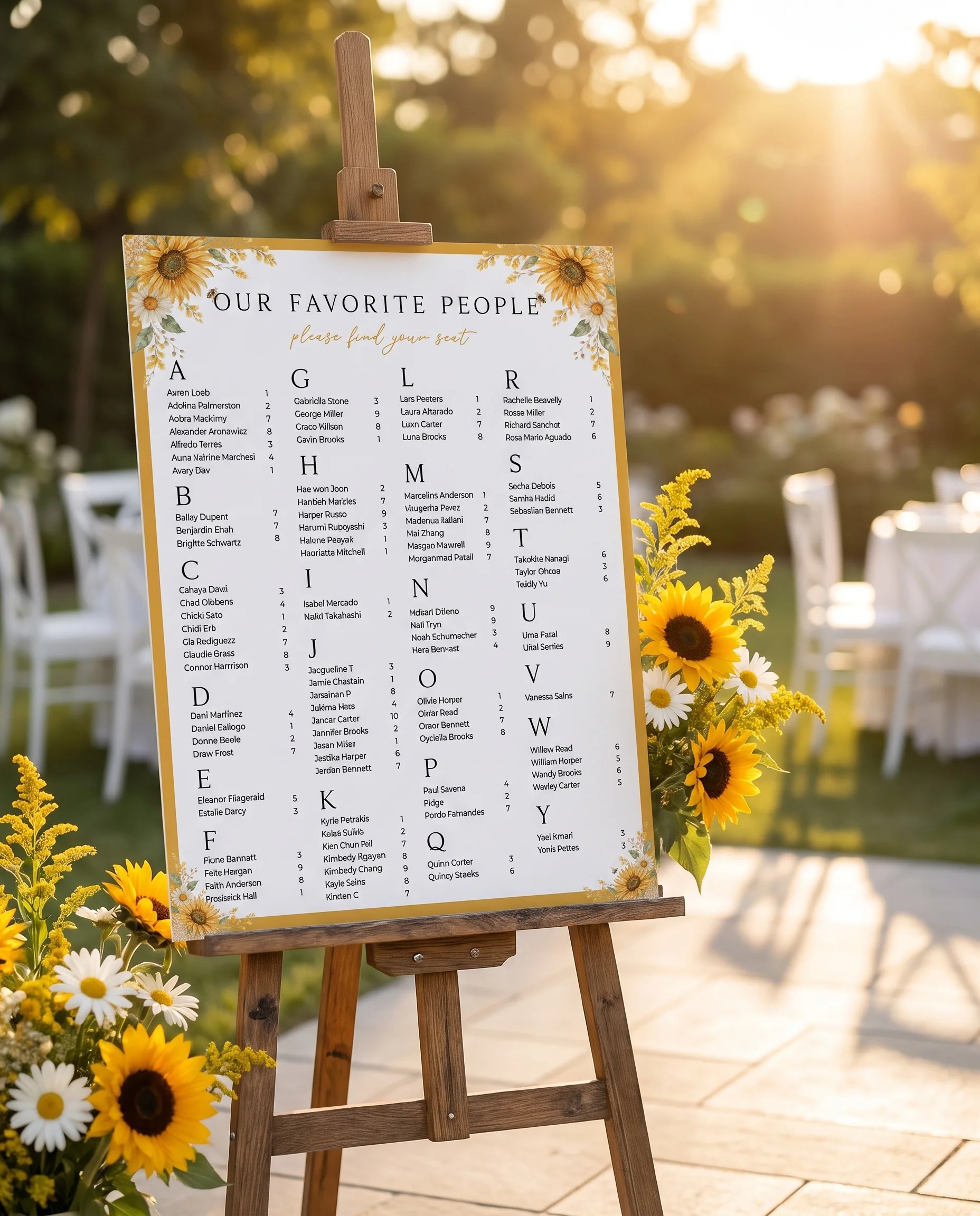 Honeyfield wedding seating chart — displayed at a reception entrance under soft natural light, seating chart template