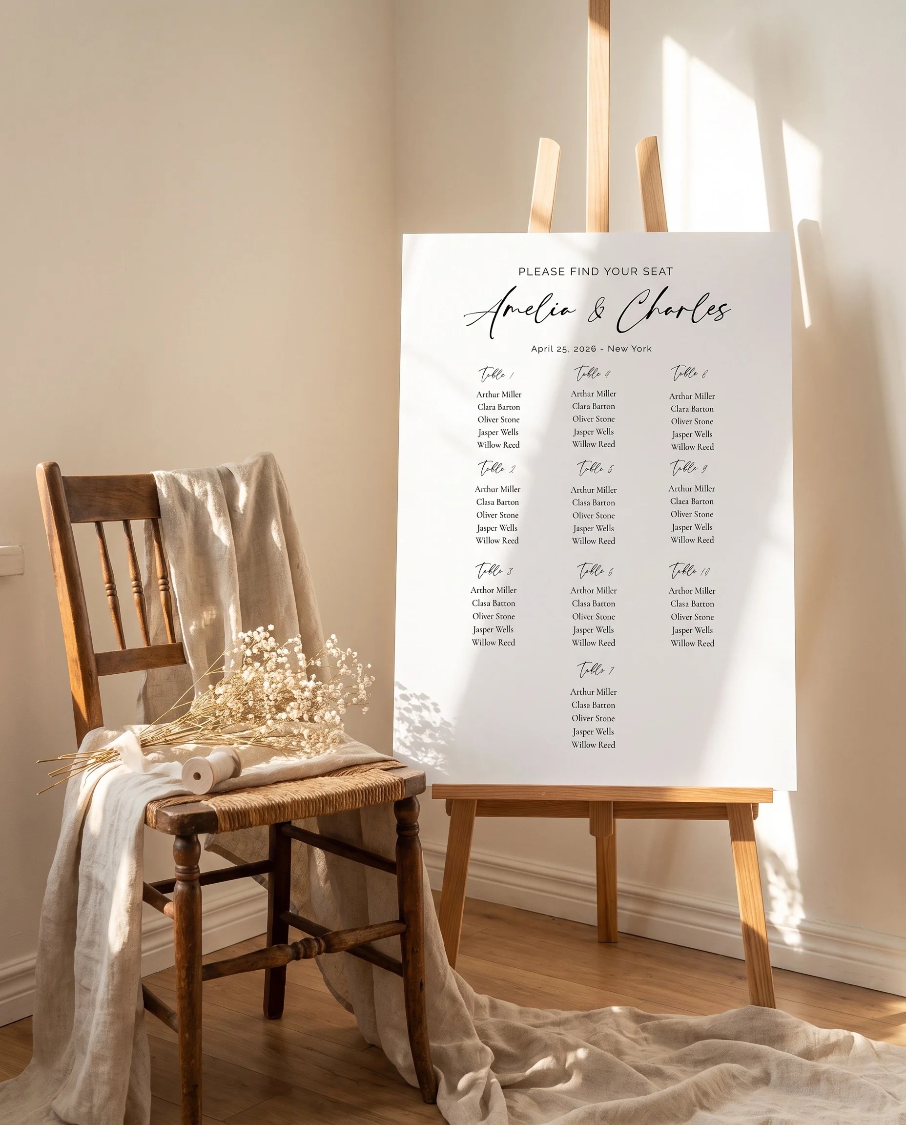 Cathedral wedding seating chart — single page shown beside furniture for scale under soft natural light, wedding seating chart template.