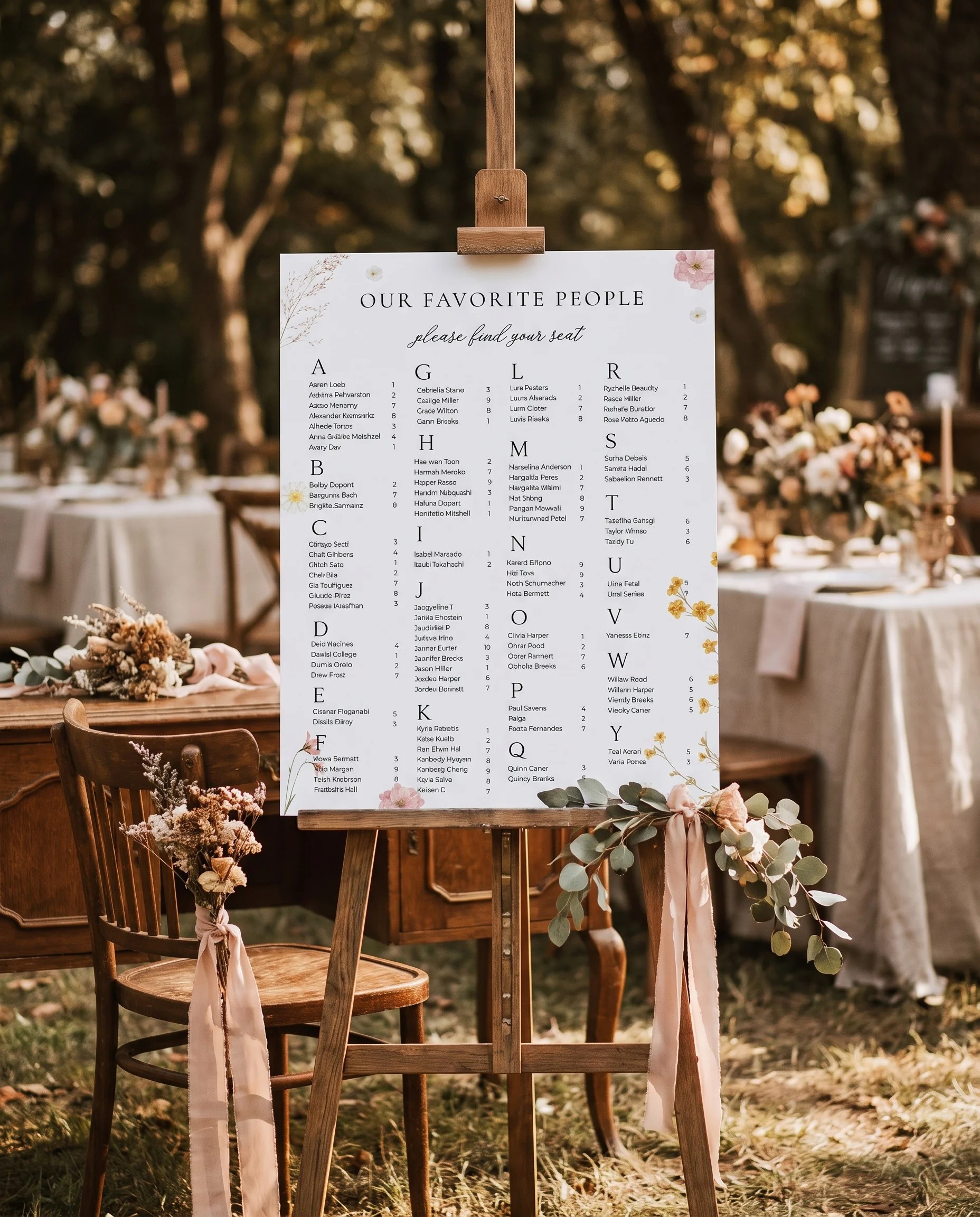 Marigold Petal wedding seating chart — single page shown beside furniture for scale under soft natural light, wedding seating chart template