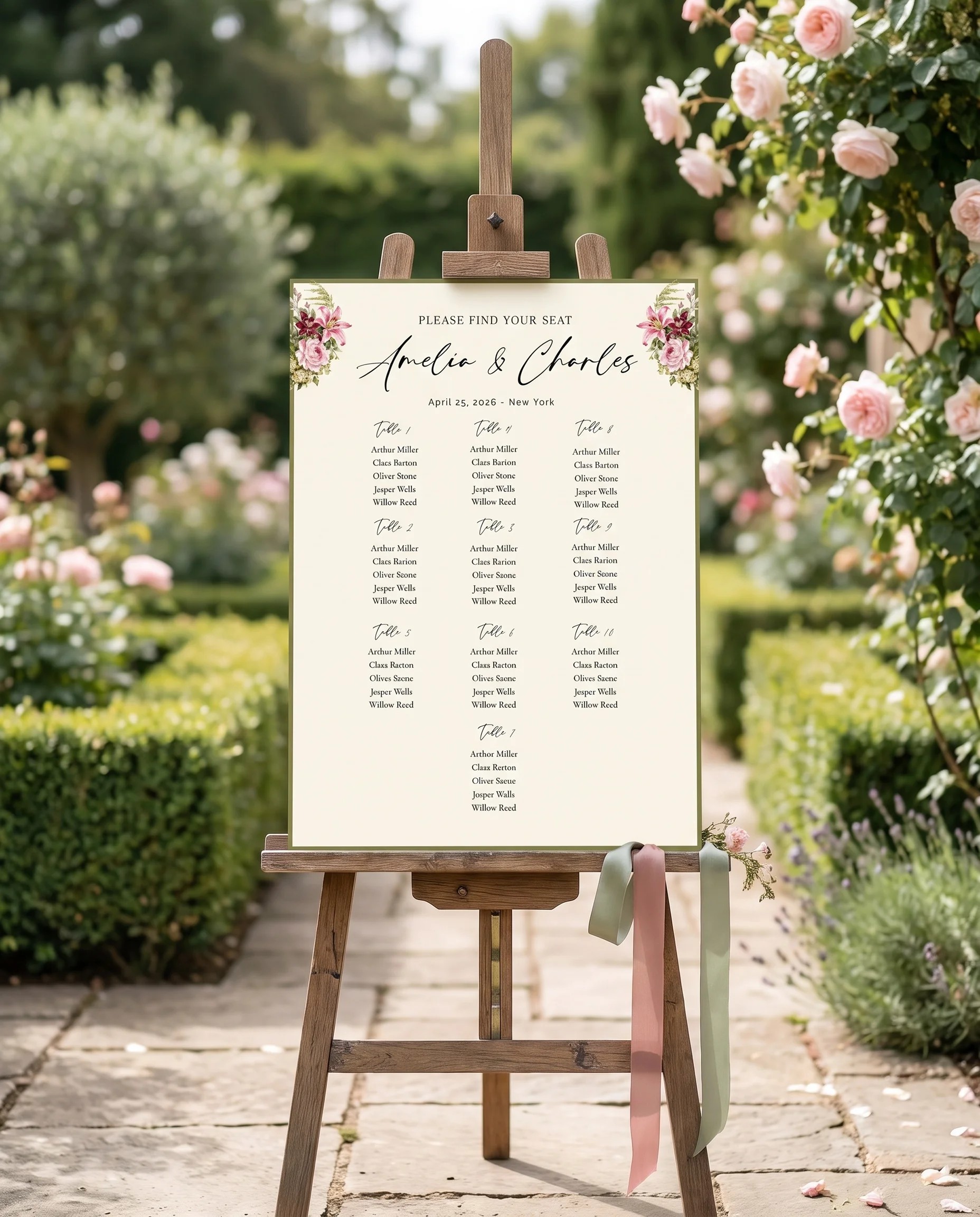 Rosevale wedding seating chart — displayed on an easel under soft natural light with a slight overhead angle, wedding seating chart.