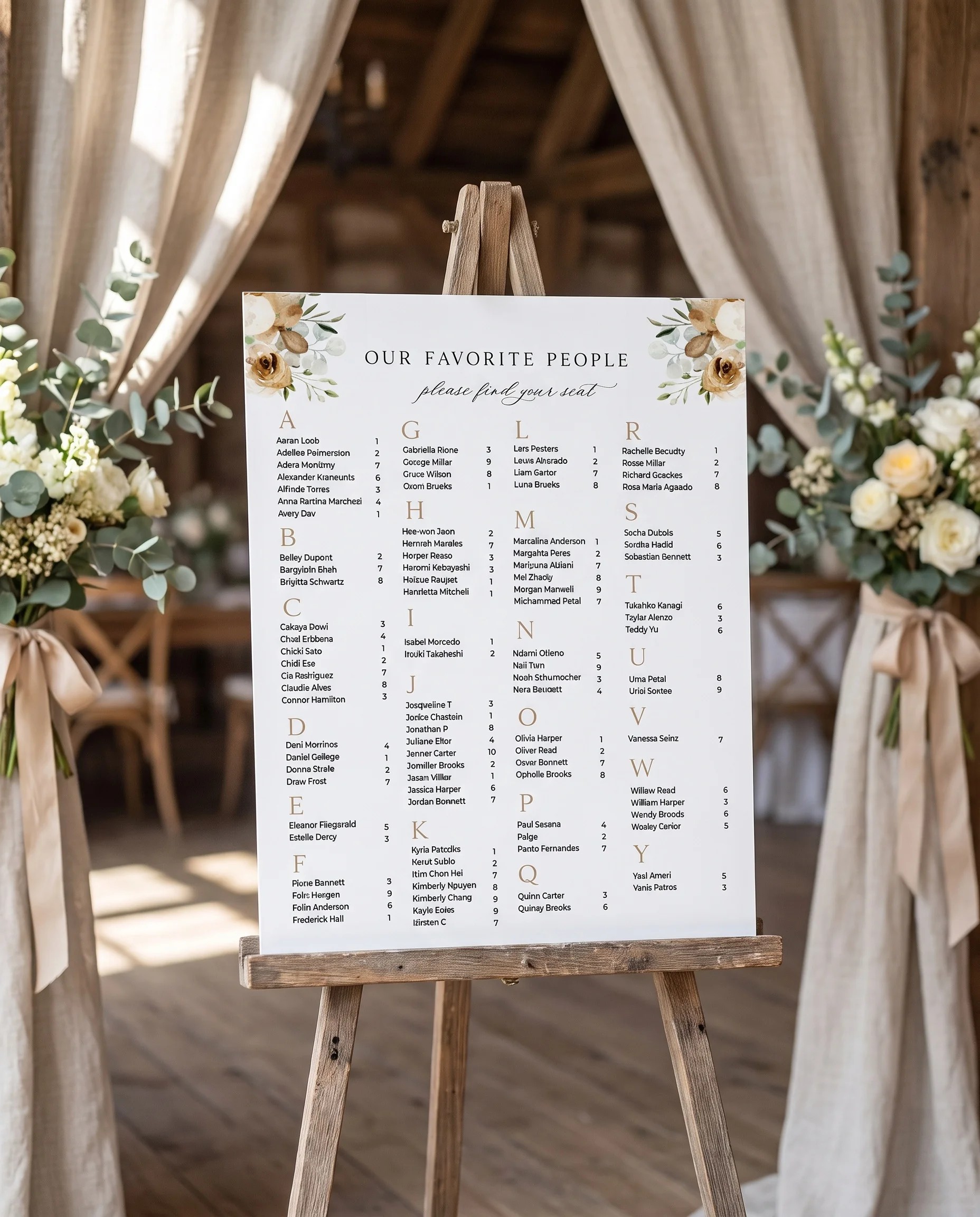 Meadow Veil wedding seating chart — displayed at a reception entrance under soft natural light on premium editorial paper, seating chart template
