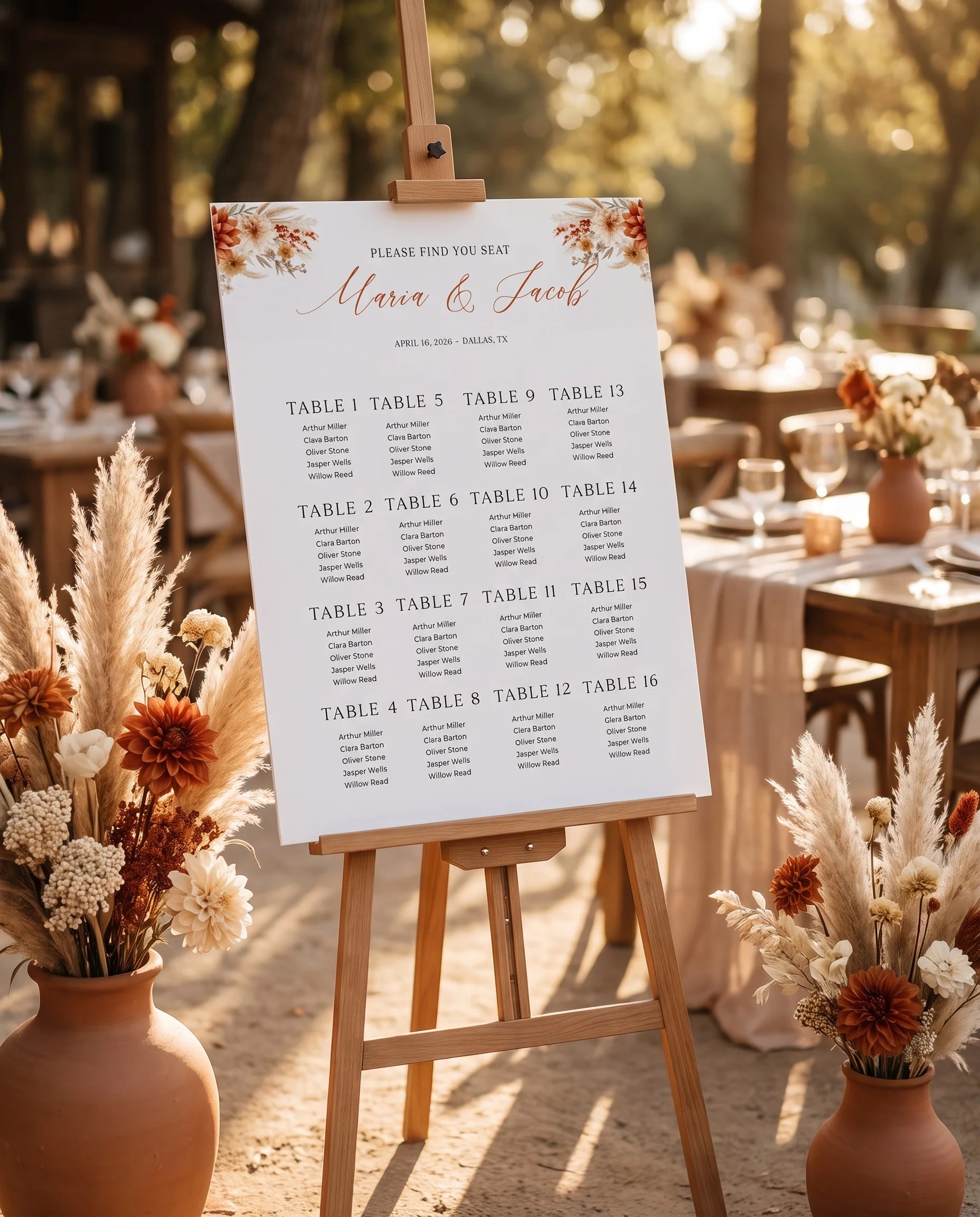 Dahlia Ember wedding seating chart — displayed at a reception entrance under soft natural light on premium editorial paper, seating chart template.