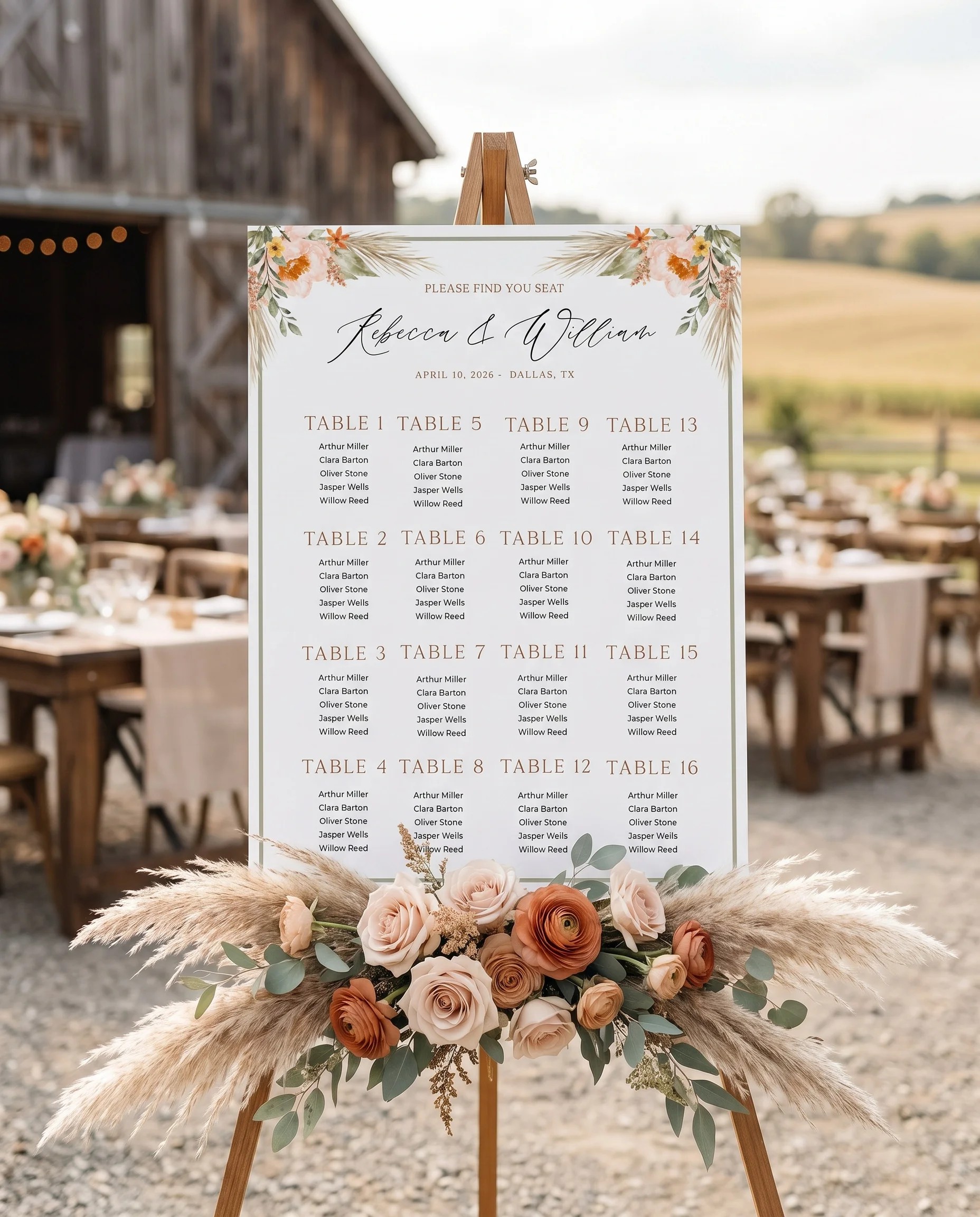 Prairie Fern wedding seating chart — single page shown at a reception entrance under soft natural light, seating chart template