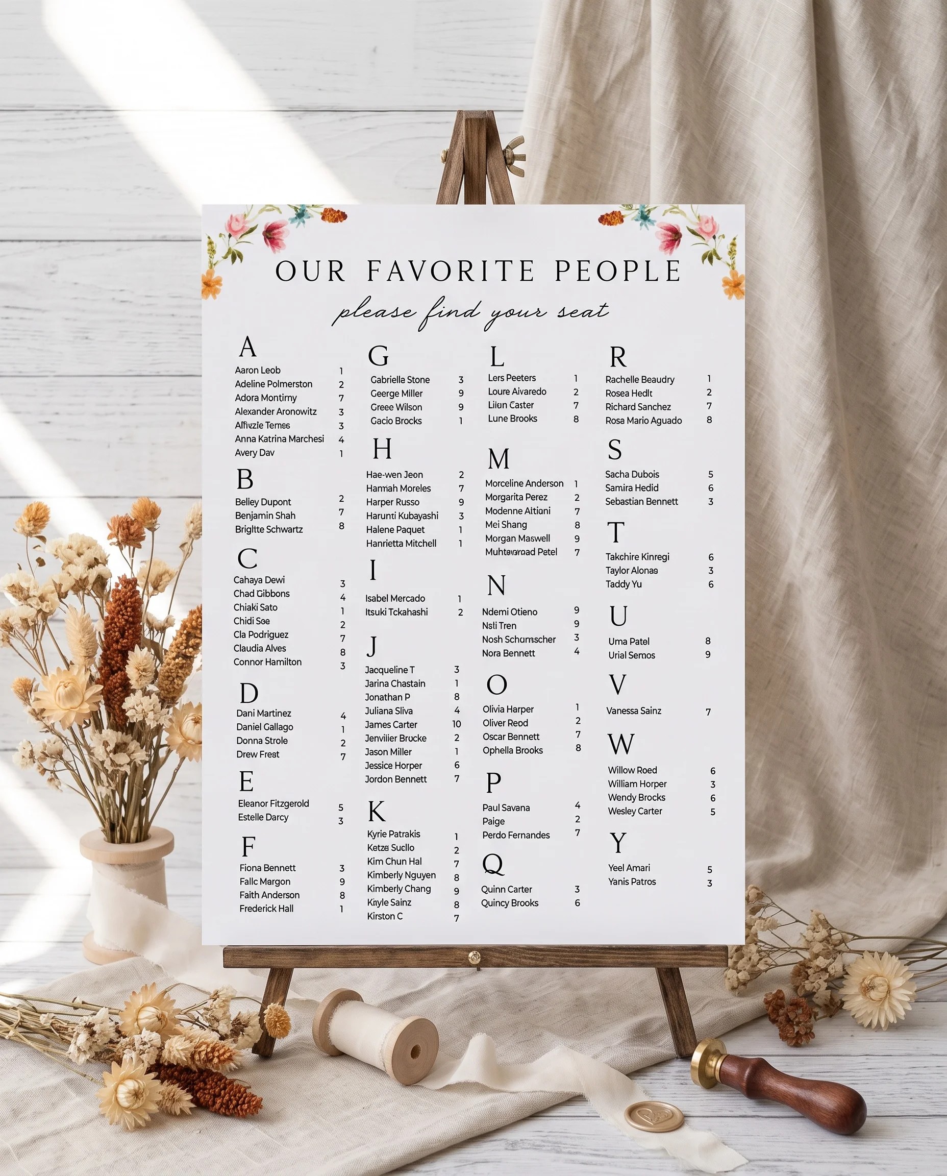 Meadow Ring wedding seating chart — displayed on an easel under soft natural light with a slight overhead angle, wedding seating chart