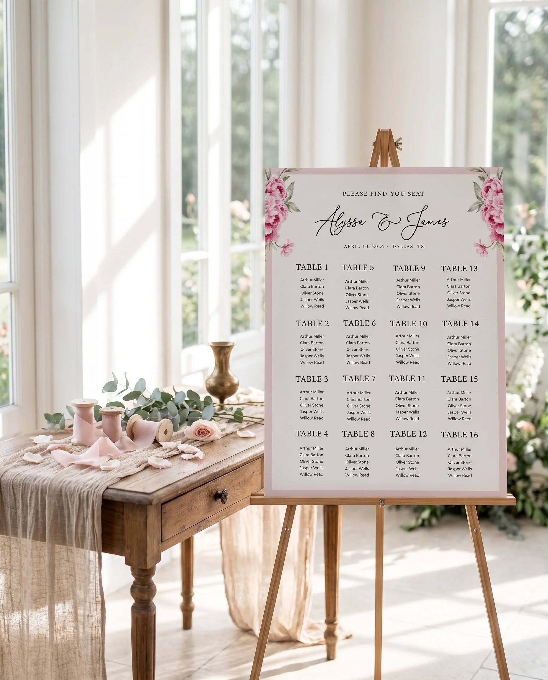 Blush Peony wedding seating chart — shown beside furniture for scale under soft natural light, wedding seating chart template