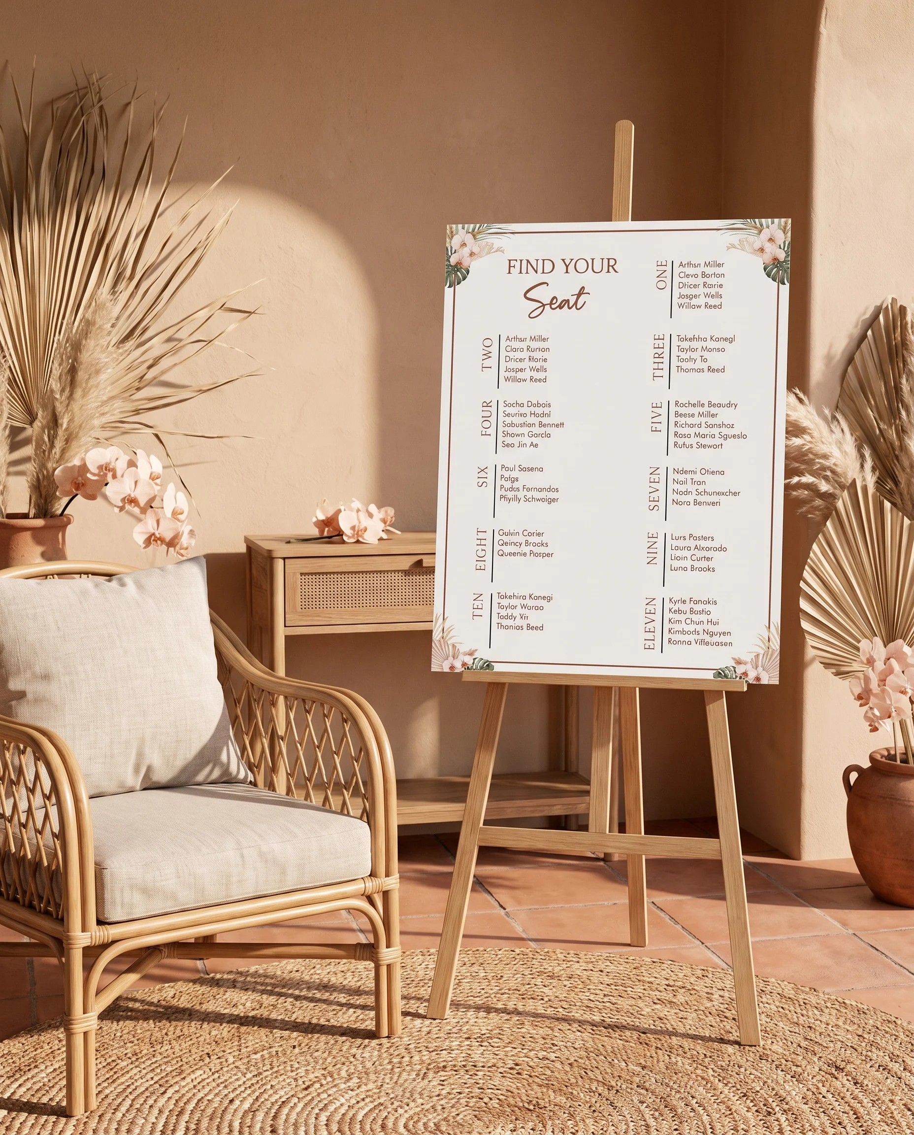 Palm Orchid wedding seating chart — single page shown beside furniture for scale under soft natural light, wedding seating chart template