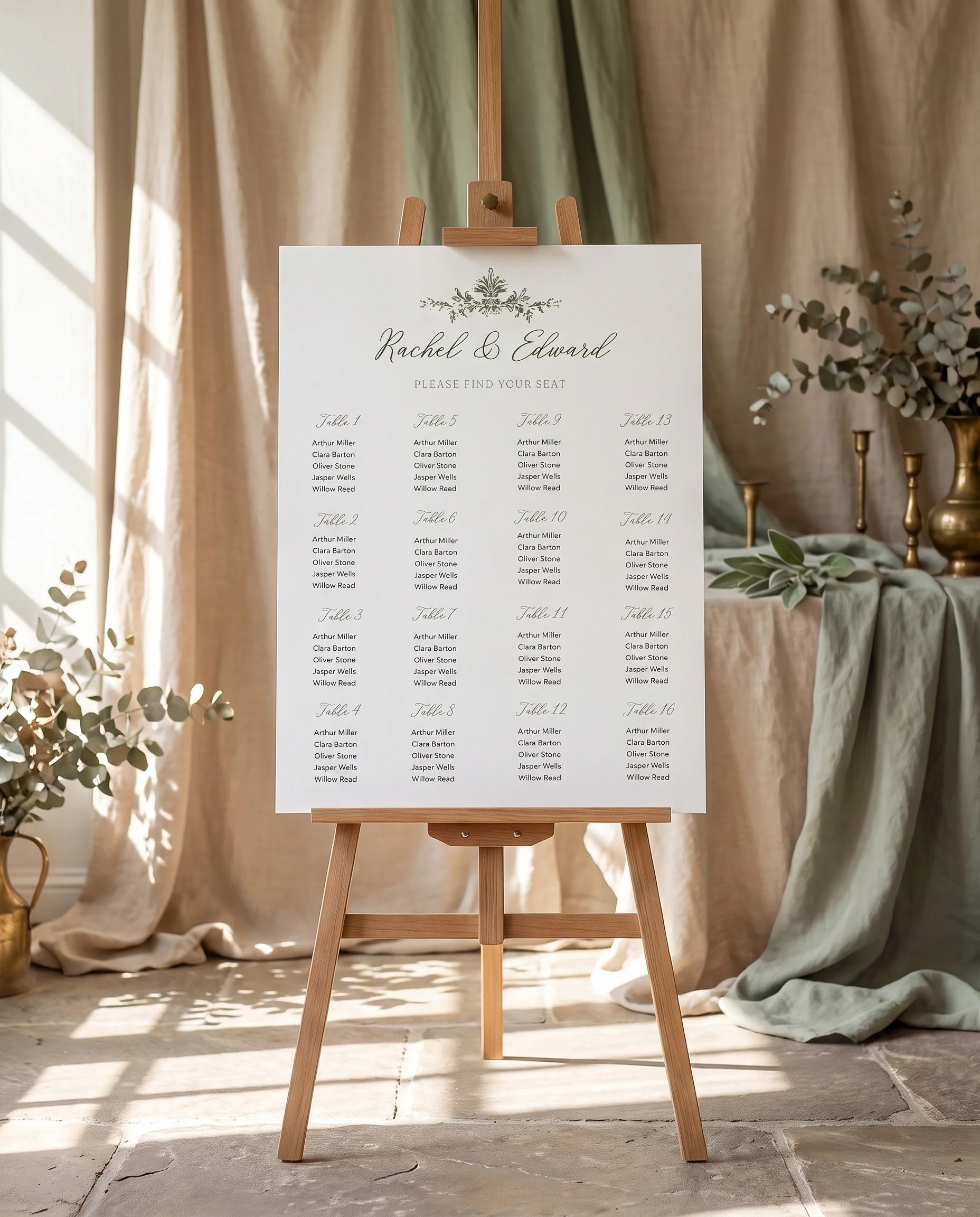 Sage Crest wedding seating chart — displayed on an easel under soft natural light with a slight overhead angle, wedding seating chart.