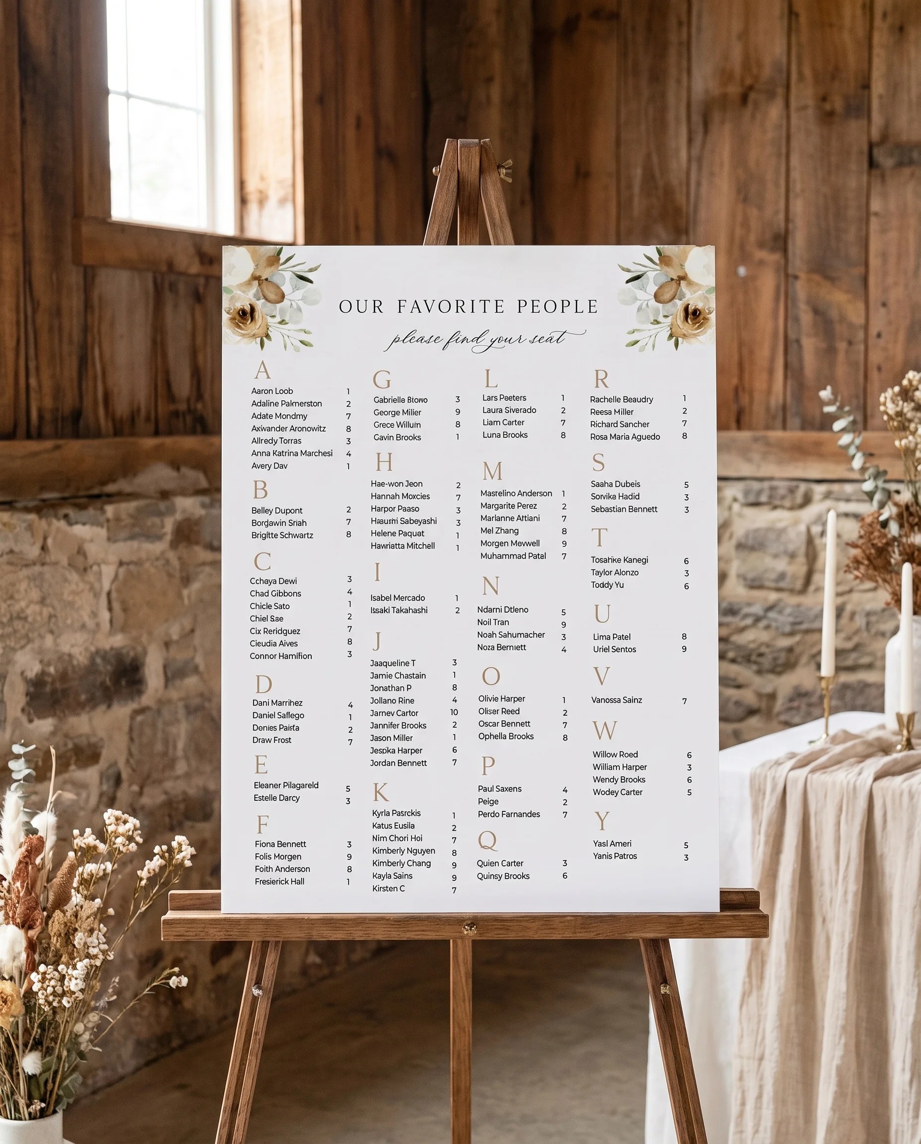 Meadow Veil wedding seating chart — displayed on an easel under soft natural light with a slight overhead angle, wedding seating chart