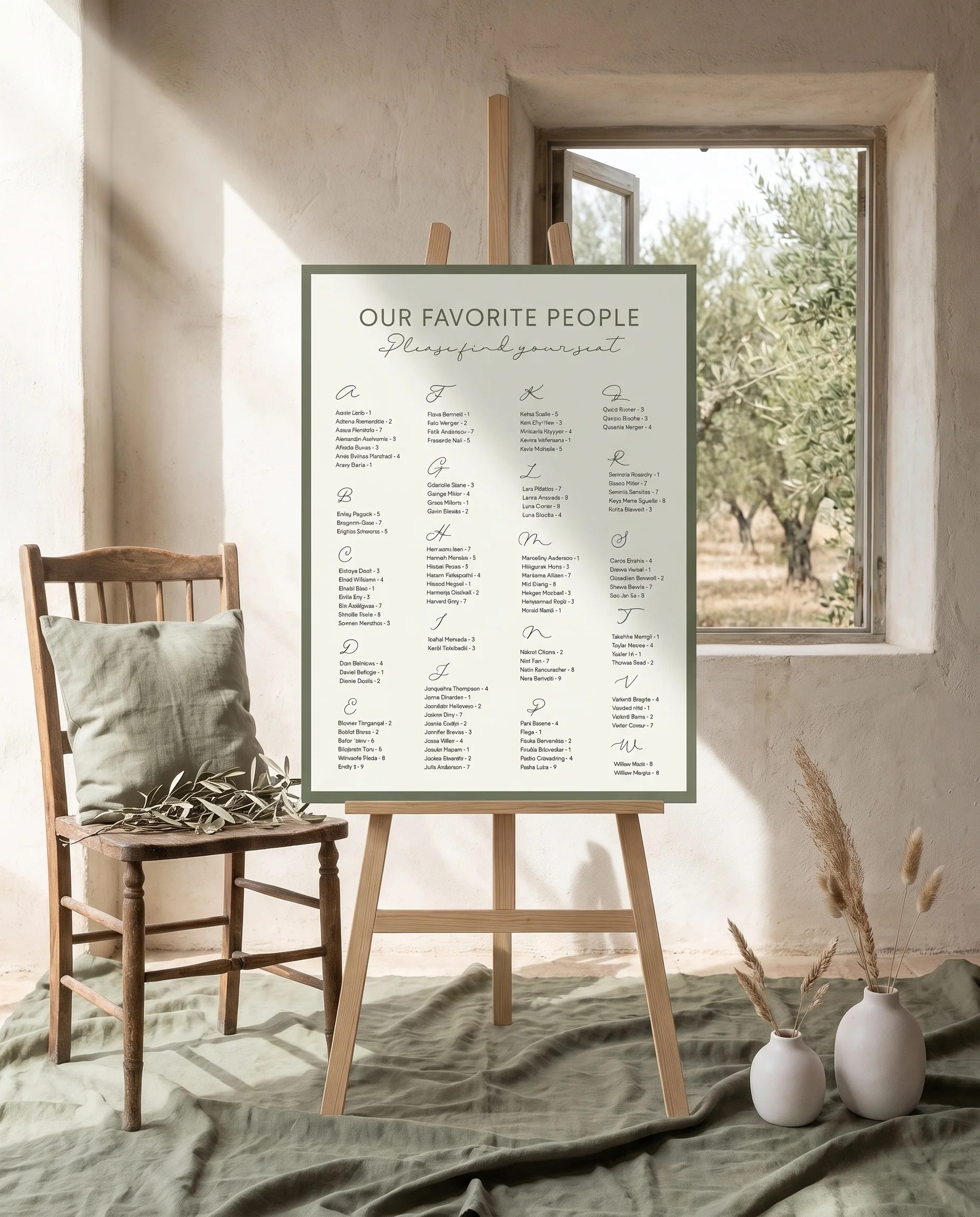 Manor Etching wedding seating chart — single page shown beside furniture for scale under soft natural light, wedding seating chart template.
