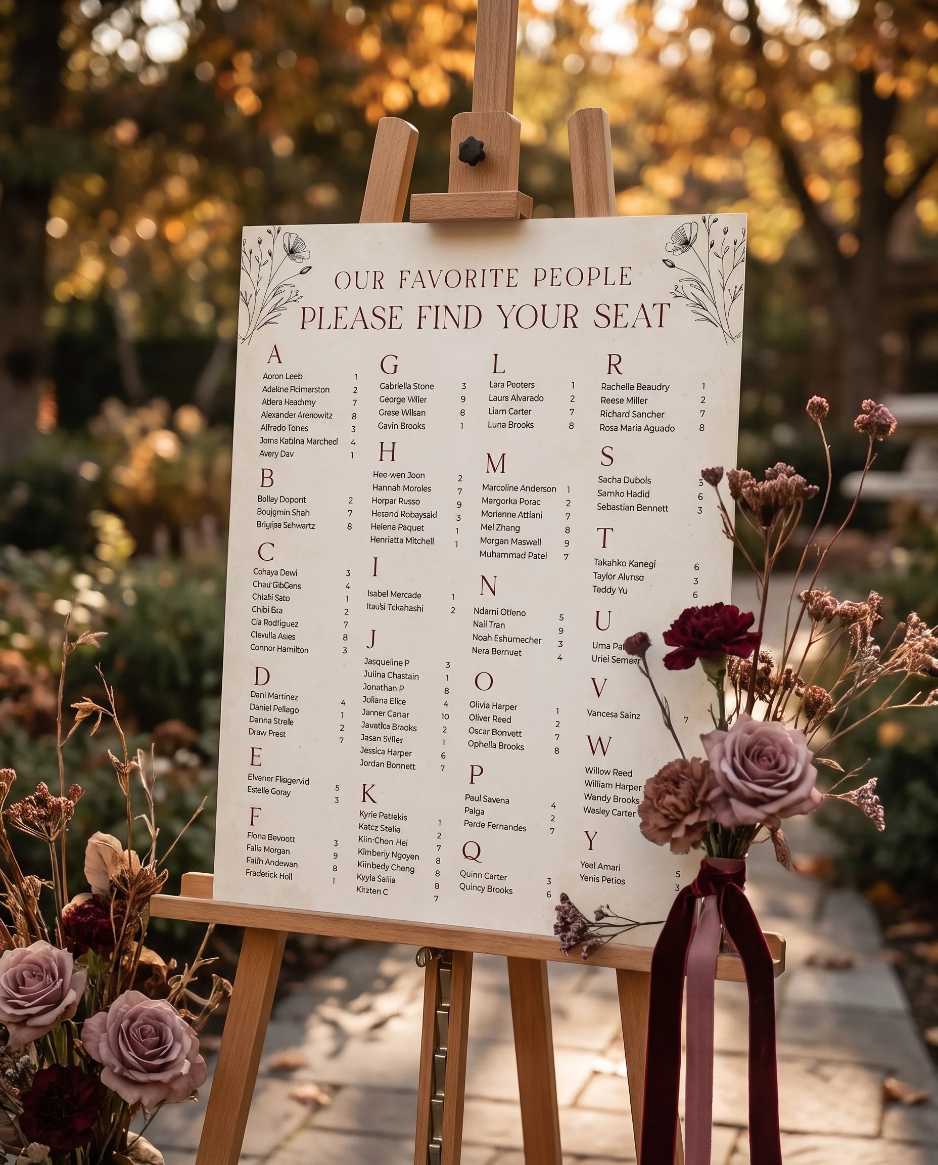 Heritage Bloom wedding seating chart — displayed at a reception entrance under soft natural light, seating chart template