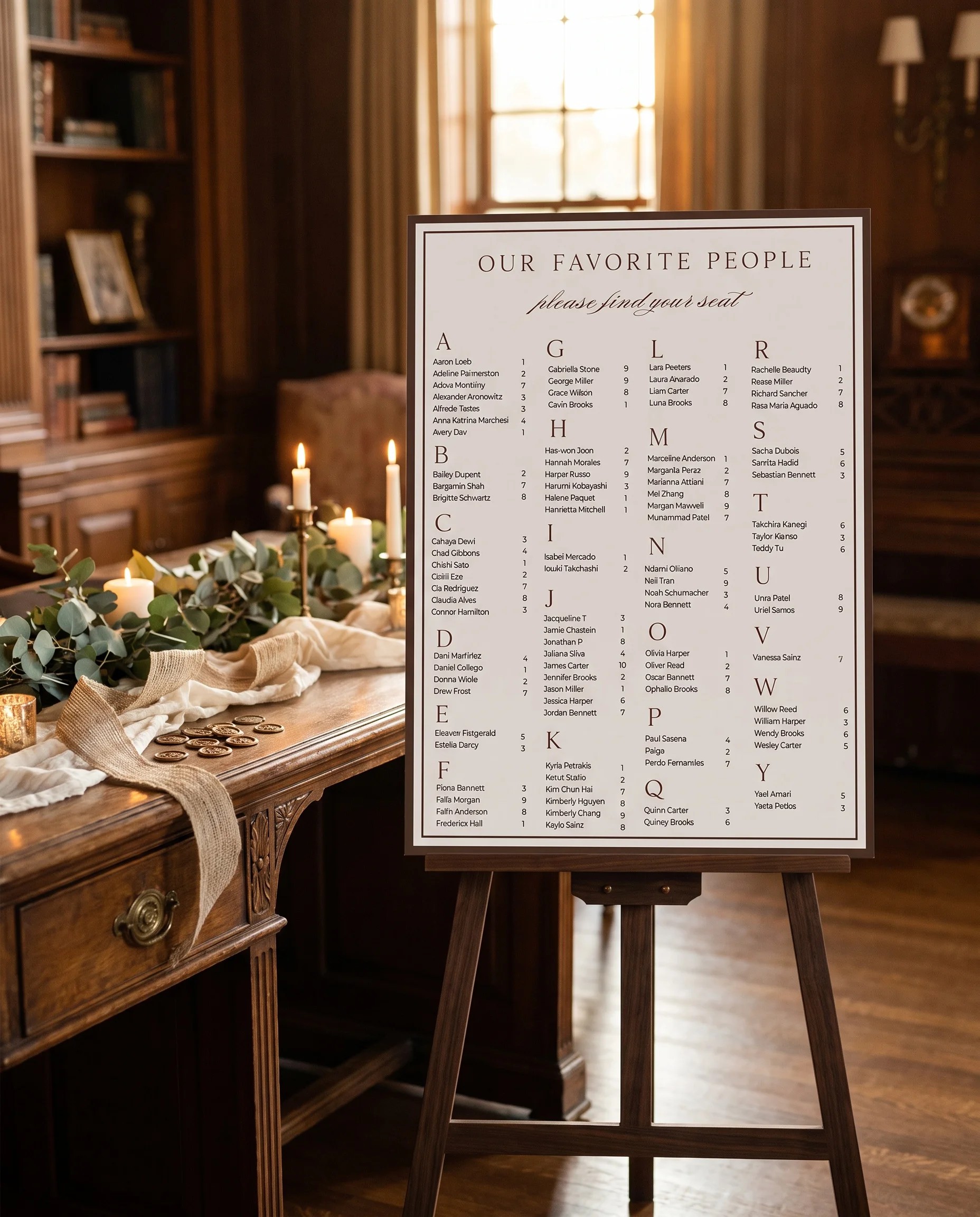 Velour wedding seating chart — shown beside furniture for scale under soft natural light, wedding seating chart template