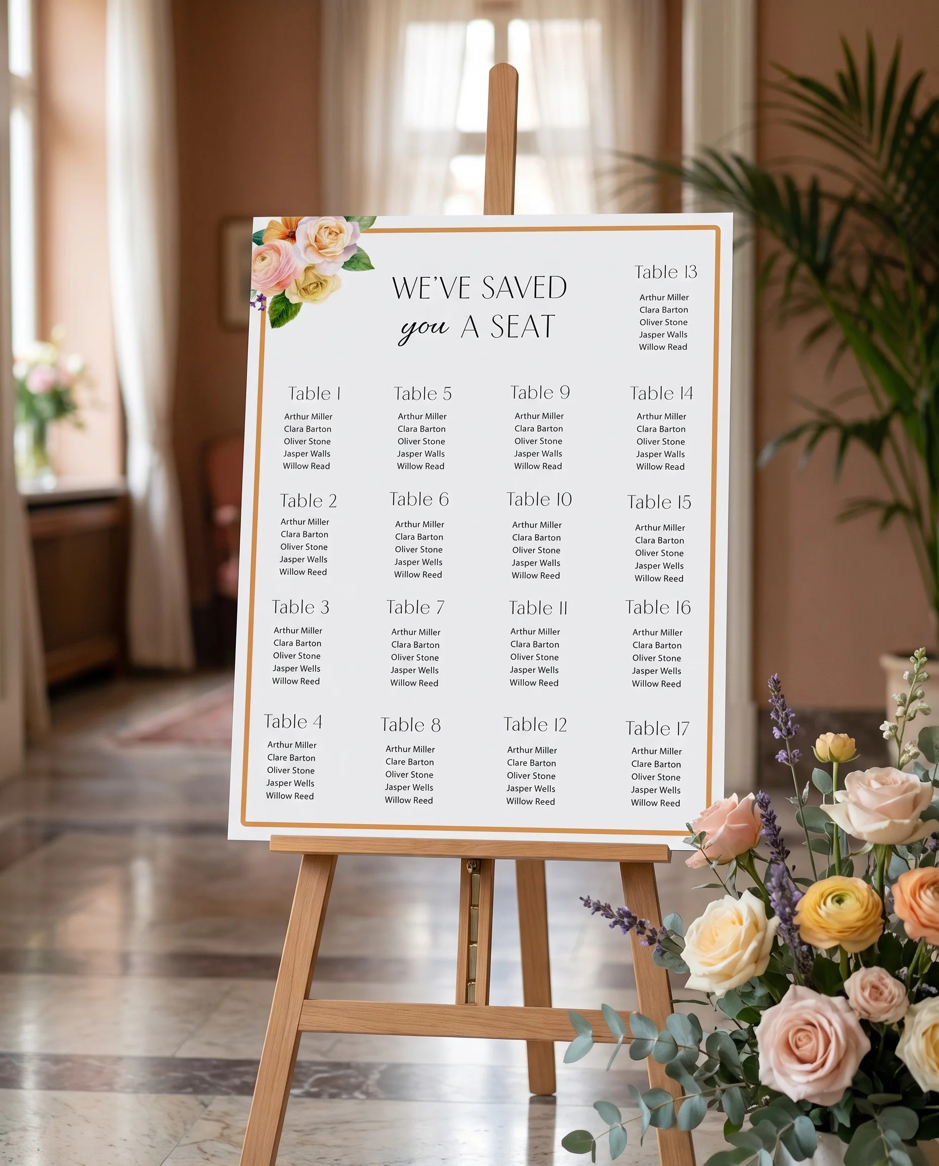 Petal Glade wedding seating chart — displayed at a reception entrance under soft natural light, seating chart template