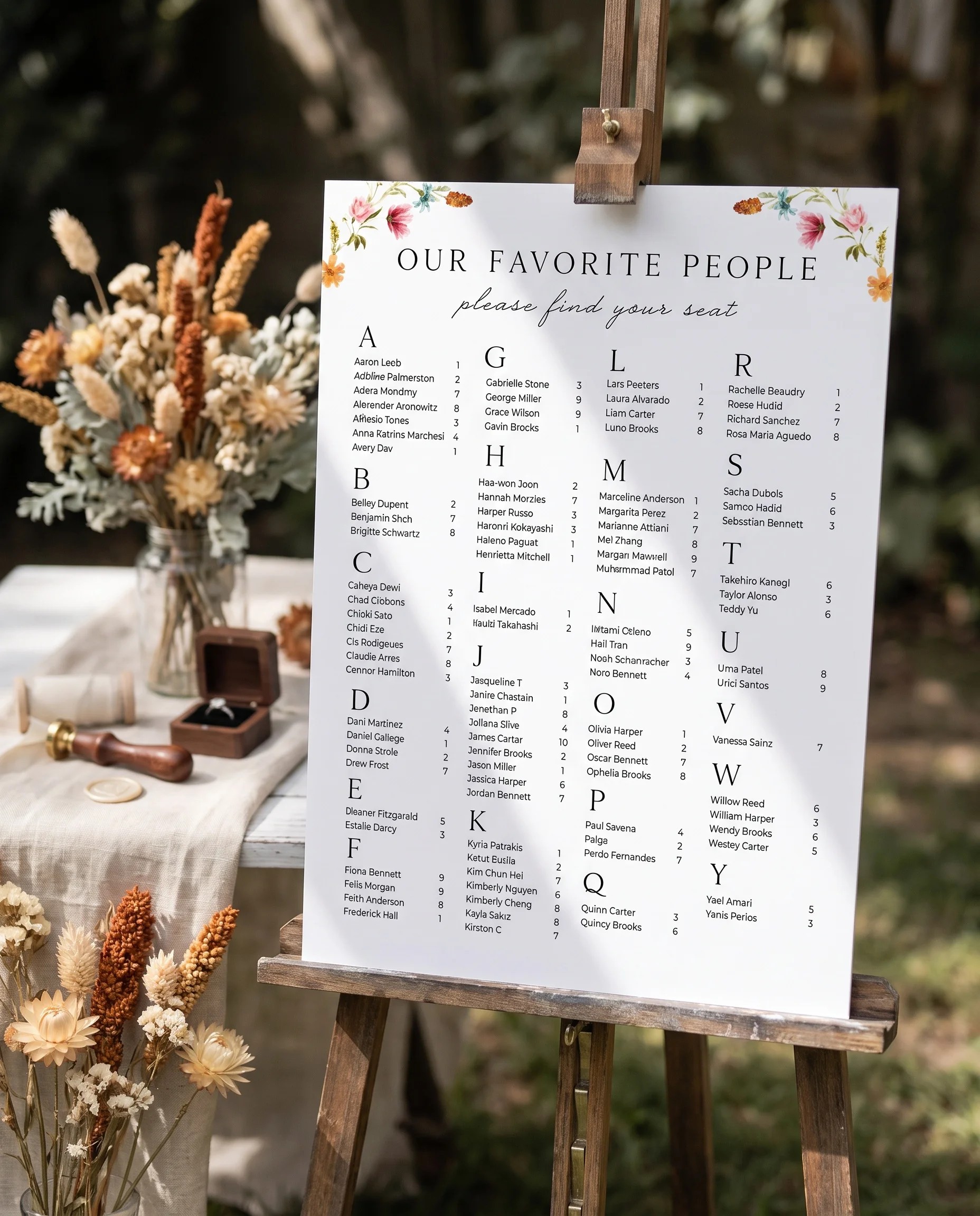 Meadow Ring wedding seating chart — single page displayed at a reception entrance under soft natural light, seating chart template