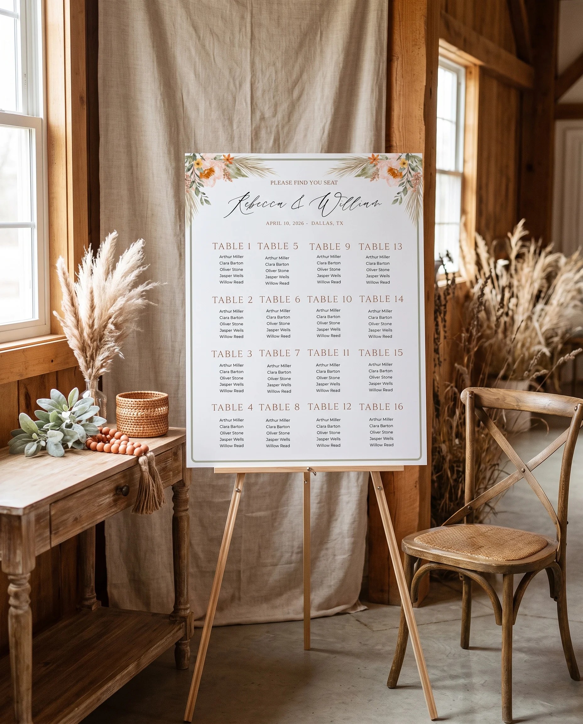 Prairie Fern wedding seating chart — single page shown beside furniture for scale under soft natural light, wedding seating chart template.