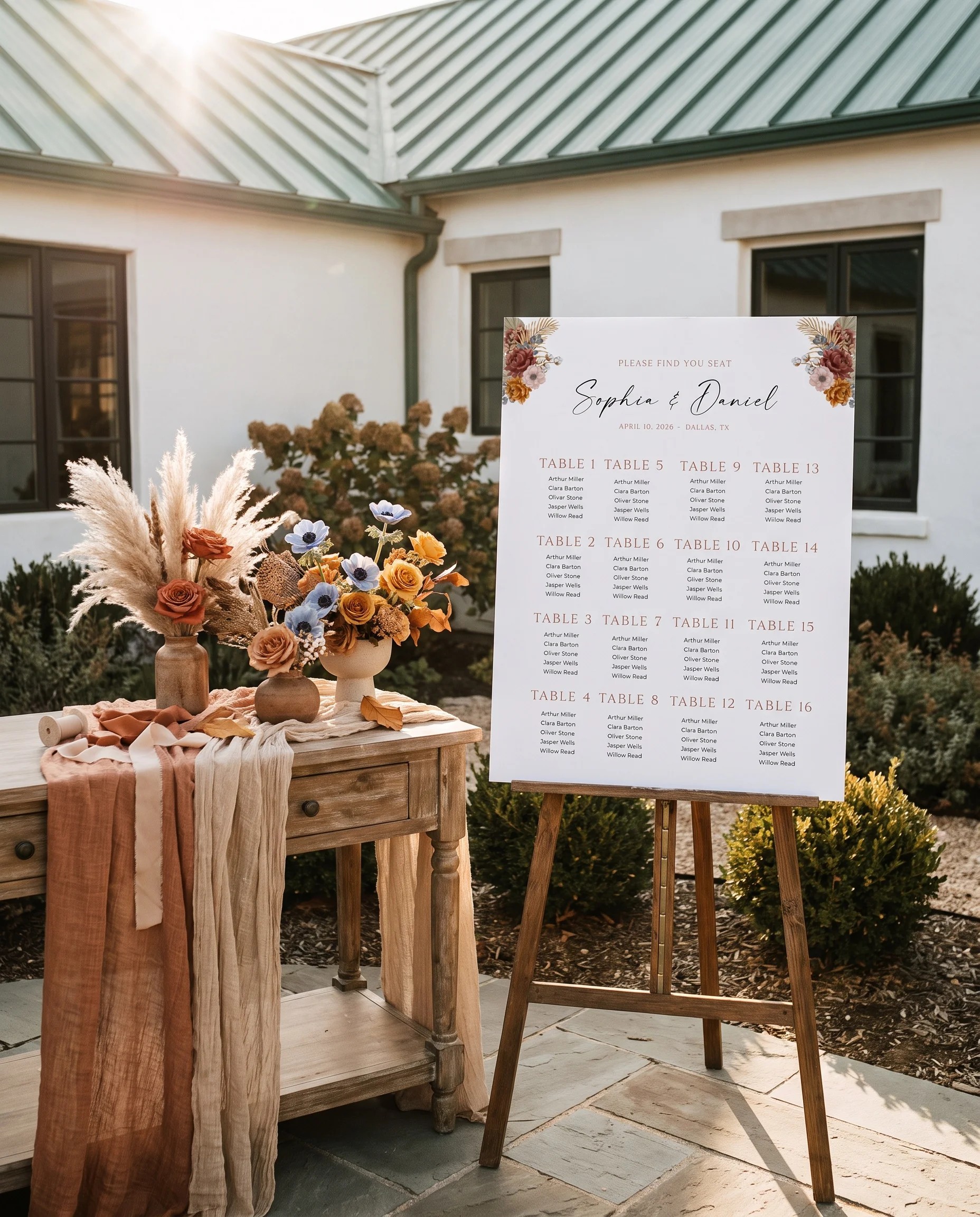 Marisol Bloom wedding seating chart — shown beside furniture for scale under soft natural light, wedding seating chart template.