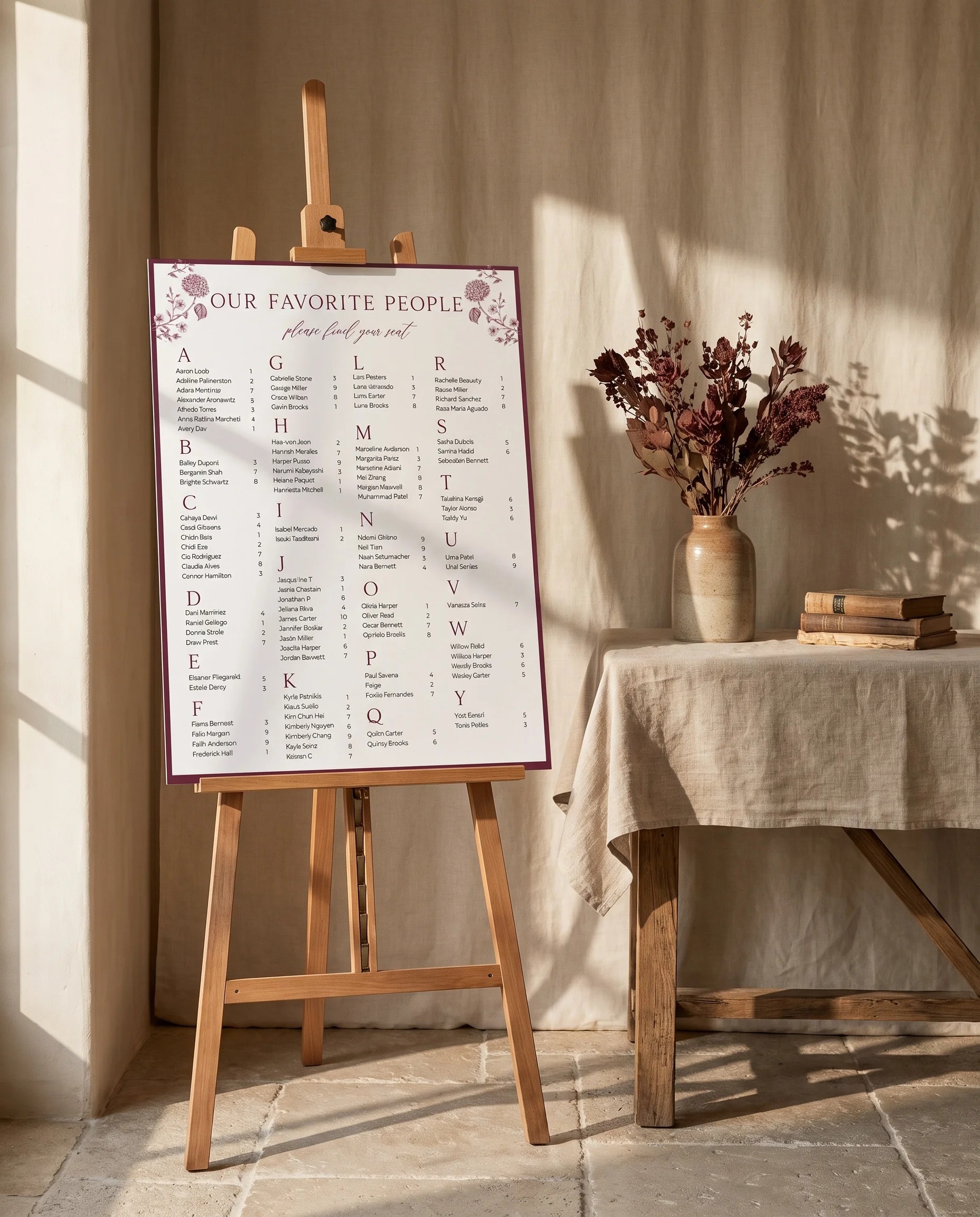 Chantilly wedding seating chart — single page shown beside furniture for scale under soft natural light, wedding seating chart template.
