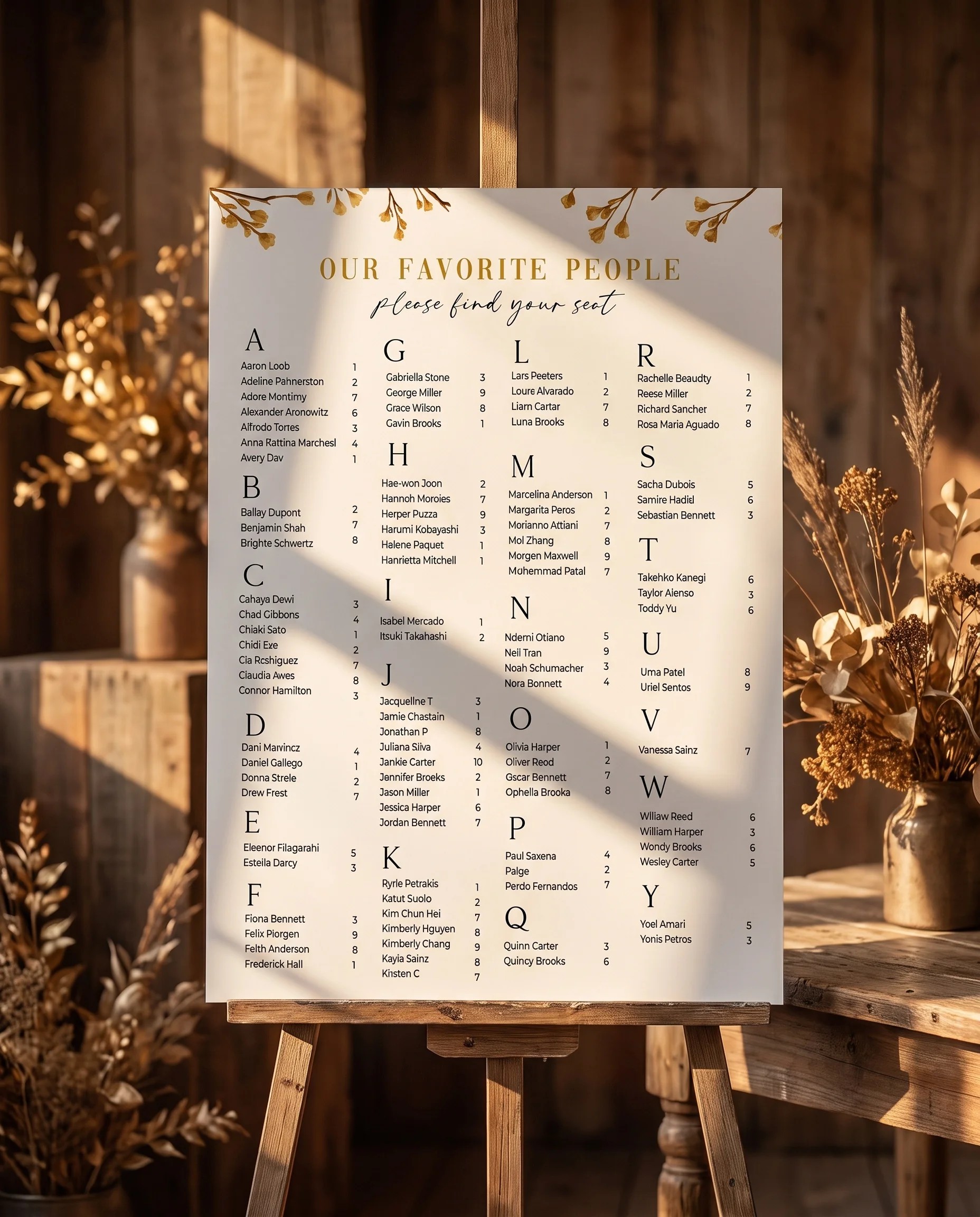 Golden Vine wedding seating chart — single page displayed on an easel under soft natural light, wedding seating chart