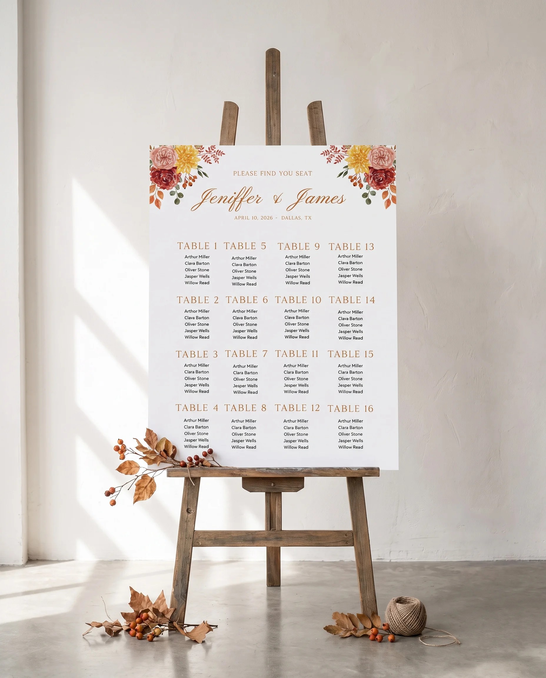 Ember Bloom wedding seating chart — single page displayed on an easel under soft natural light, wedding seating chart