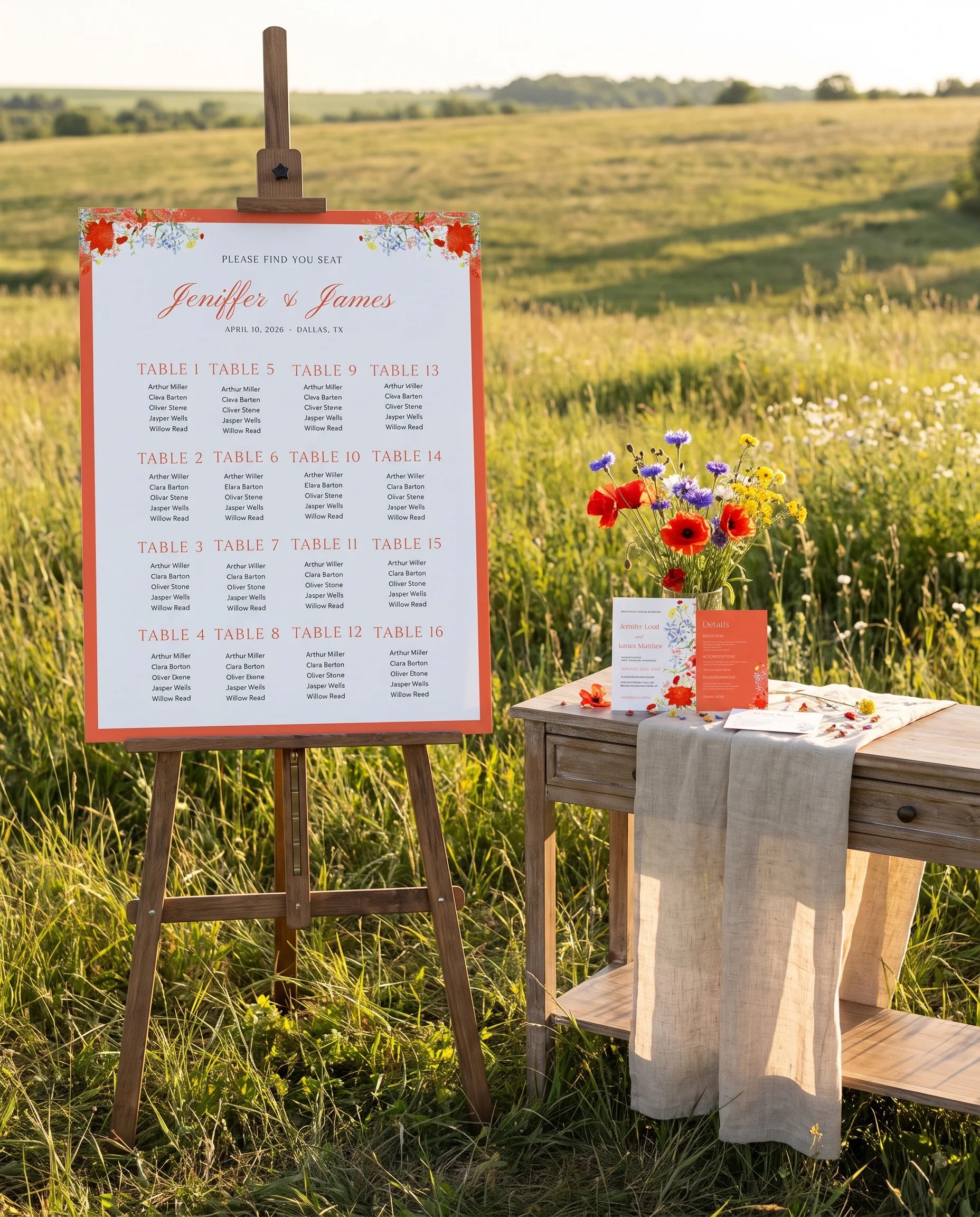 Poppy Meridian wedding seating chart — page shown beside furniture for scale under soft natural light, wedding seating chart template