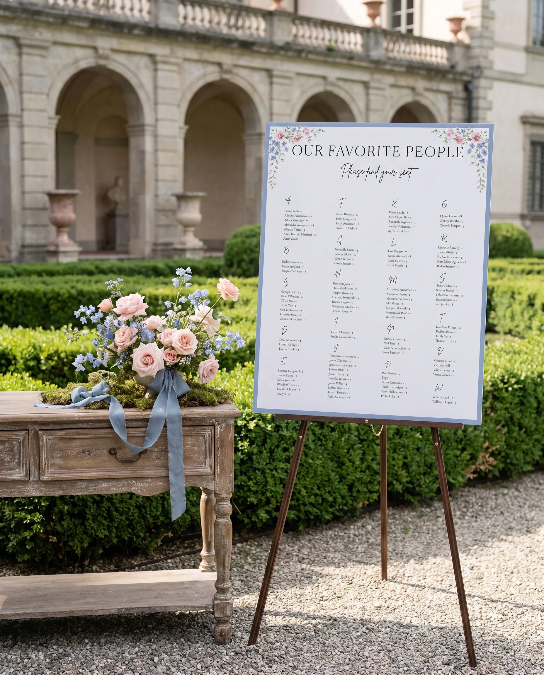 Meadow Spire wedding seating chart — single page shown beside furniture for scale under soft natural light, wedding seating chart template