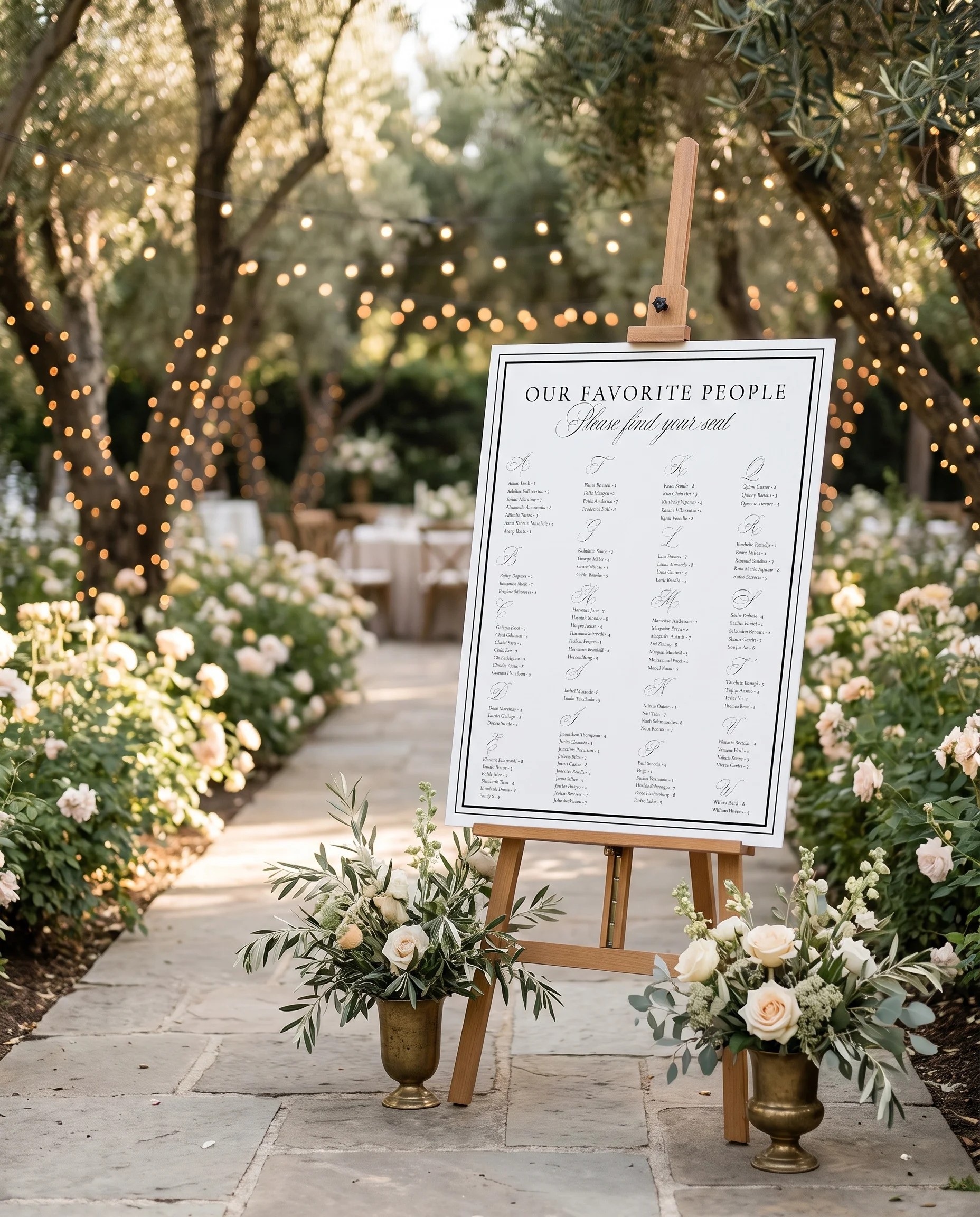 Heirloom wedding seating chart — displayed at a reception entrance under soft natural light with a slight overhead angle, seating chart template